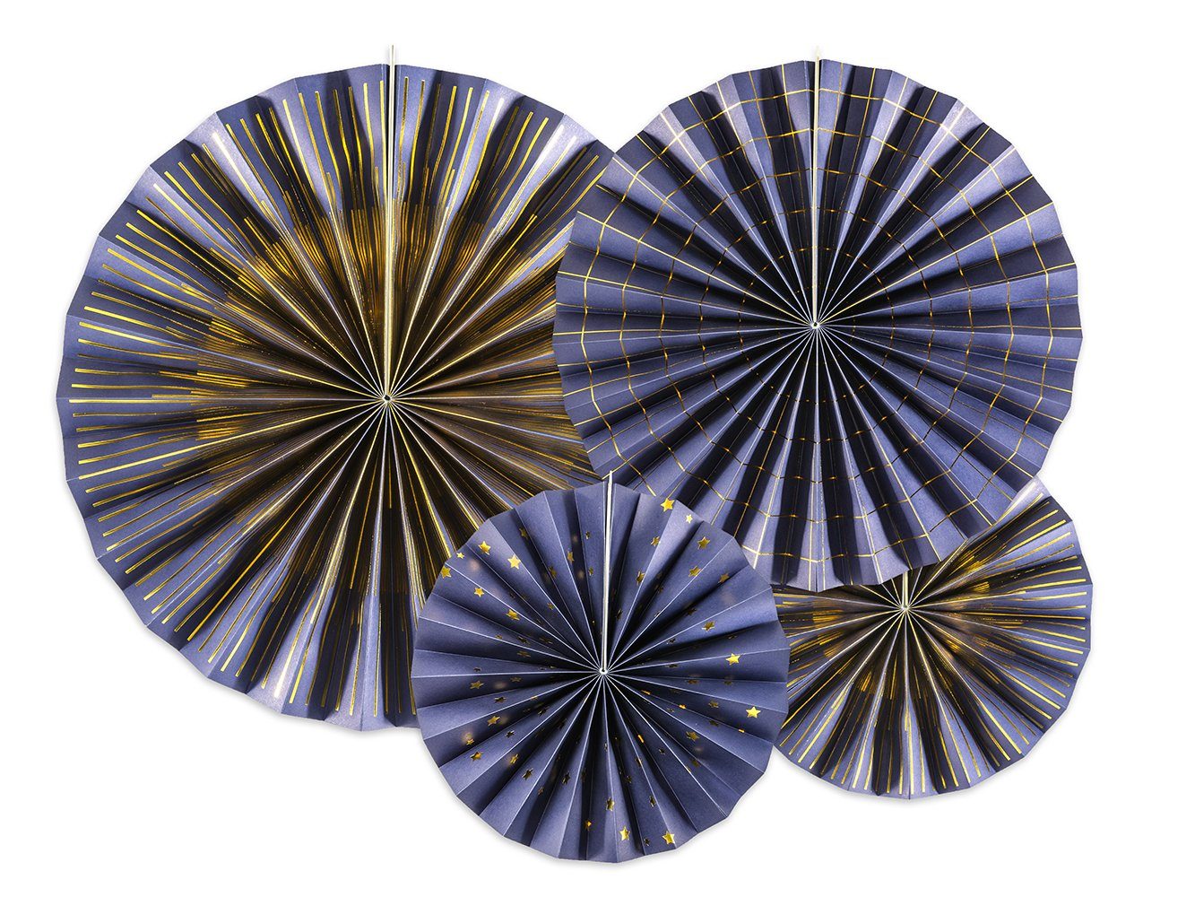 partydeco Papierrosette, Deko Papier Rosetten mit Muster 23-40cm marineblau gold 4er Set