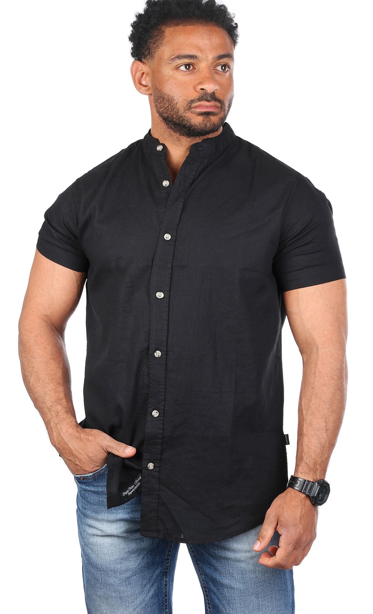 CARISMA Kurzarmhemd Herren Leinen Baumwoll Mix Casual Hemd 9337 Regular Kurzarm Stehkragenkragen Uni