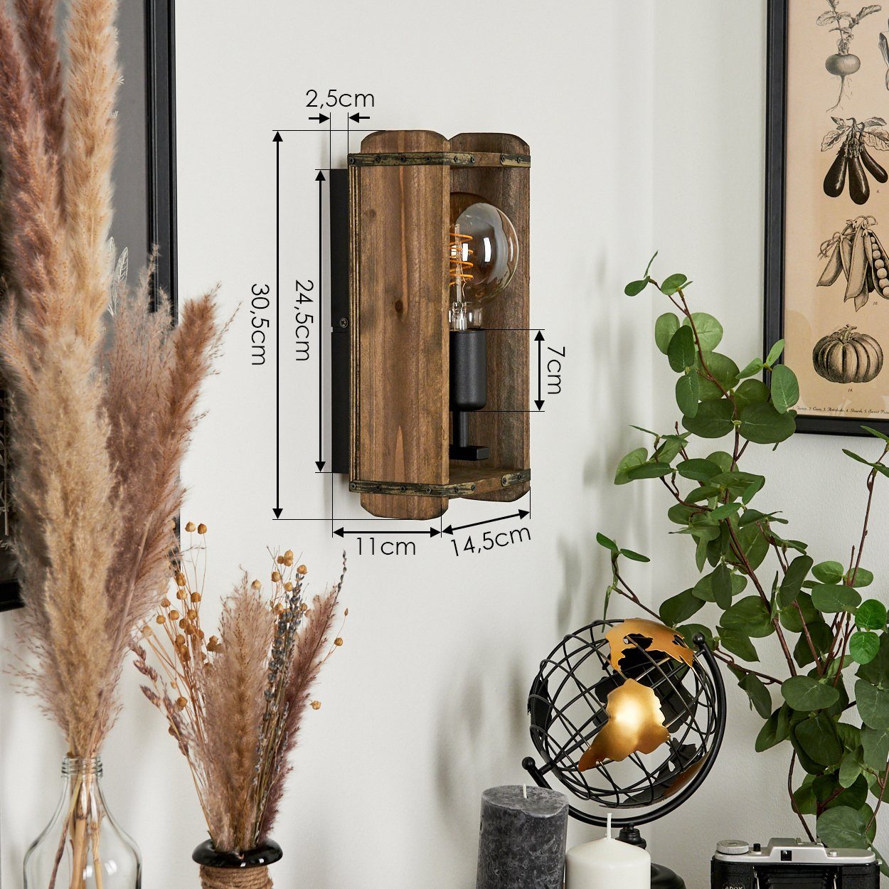 hofstein Wandleuchte »Atid« Vintage Wandlampe aus Metall/Holz in Schwarz/Natur, ohne Leuchtmittel, 1x E27, Wandspot im angesagten Retro Design aus Echtholz