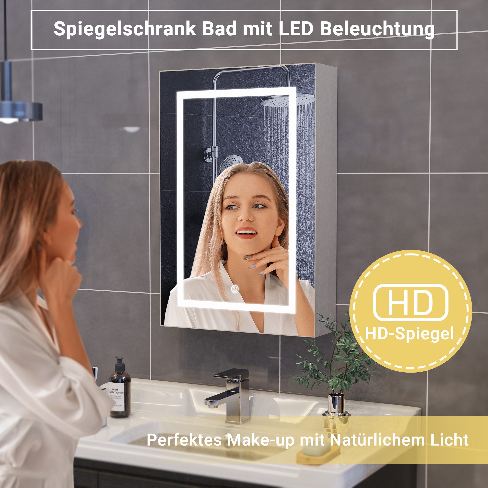 ADWOLT Badezimmerspiegelschrank Spiegelschrank mit LED-Beleuchtung (Set, 1-St., Badezimmerschrank mit Spiegel und 1 Türen) Wandschrank mit Ablage, Touchschalter, 70 x 50 x 12.5 cm, Weiß