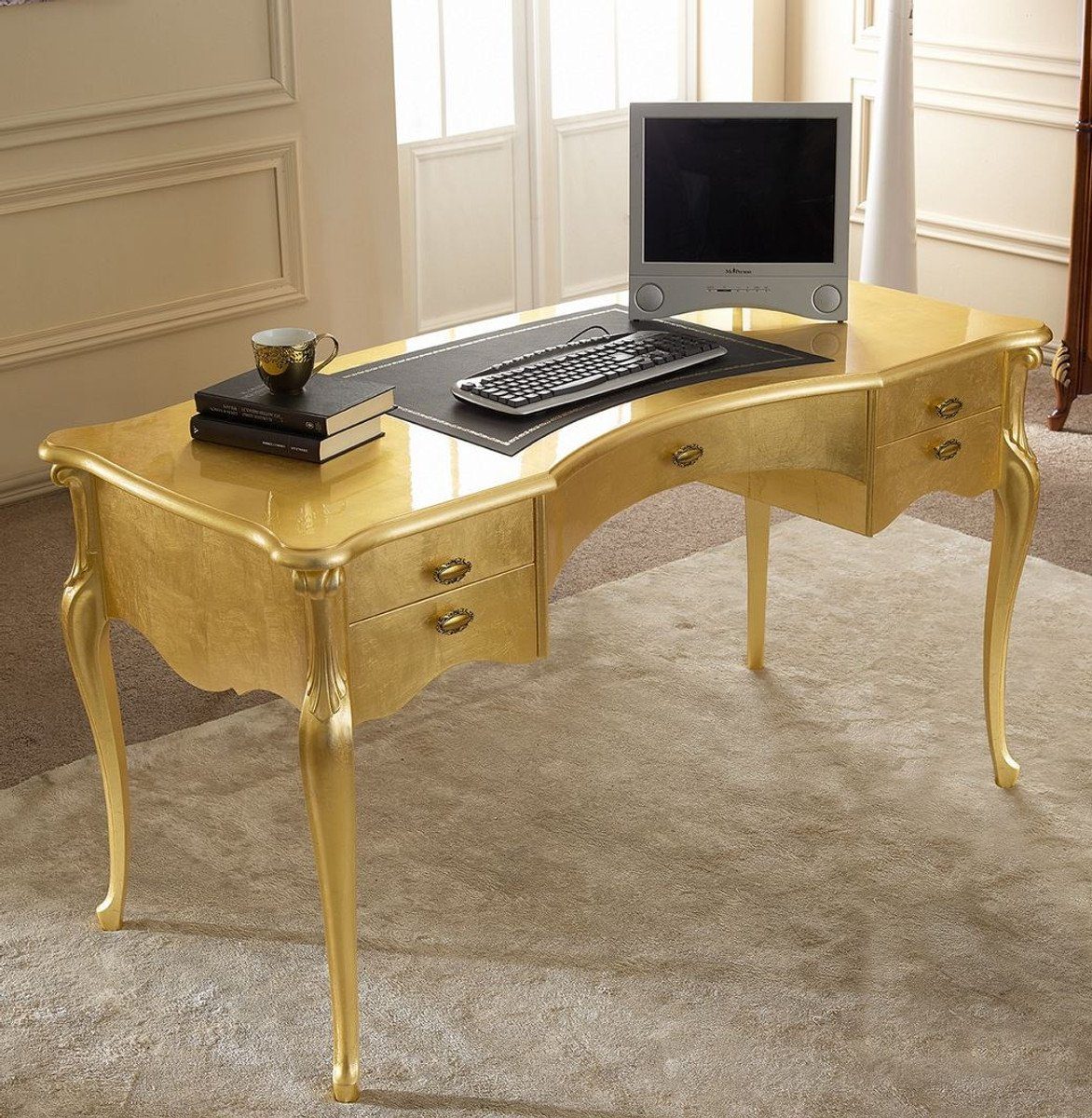 Barock - Luxus Schreibtisch Schreibtisch Edler mit Luxus - 5 Schubladen - in Italy / Barock Casa Qualität Massivholz Padrino Made Bürotisch Büromöbel - Schwarz Gold