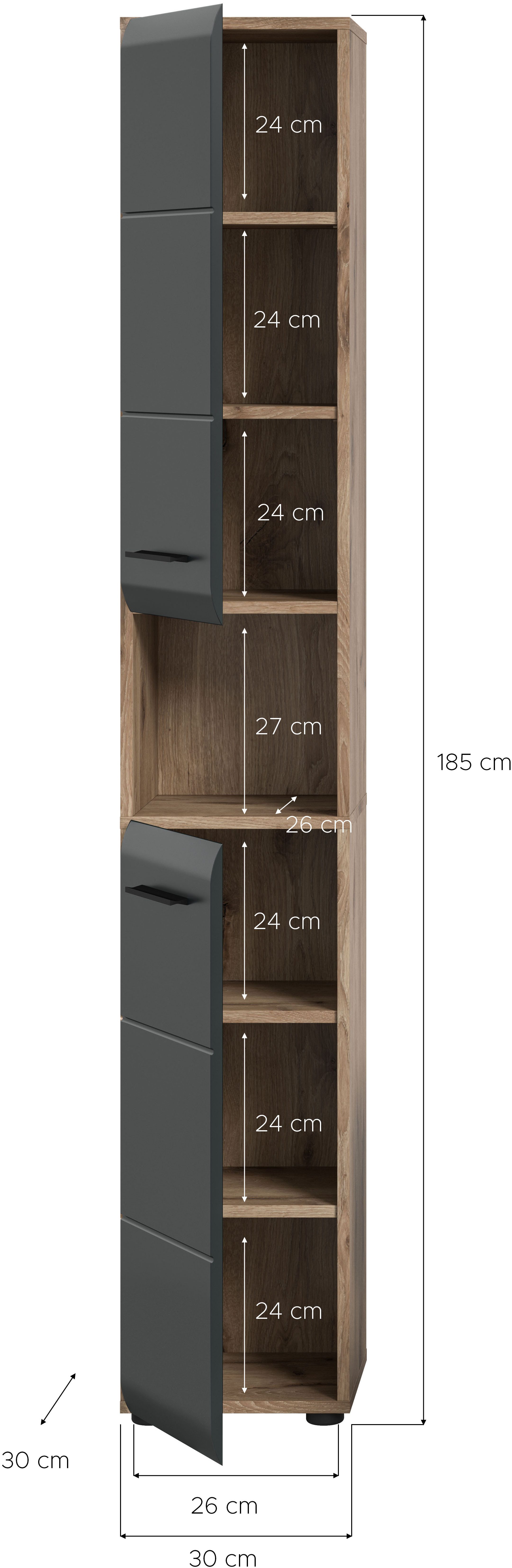 welltime Stauraumschrank FLORENZ, Höhe 185cm, 2 Türen, 7 Fächer, 4 Einlegeböden (1-St., TOPSELLER) Florenz, Badschrank Hoch Nox Oak NB, 185 cm Höhe – Bild 5 von 5