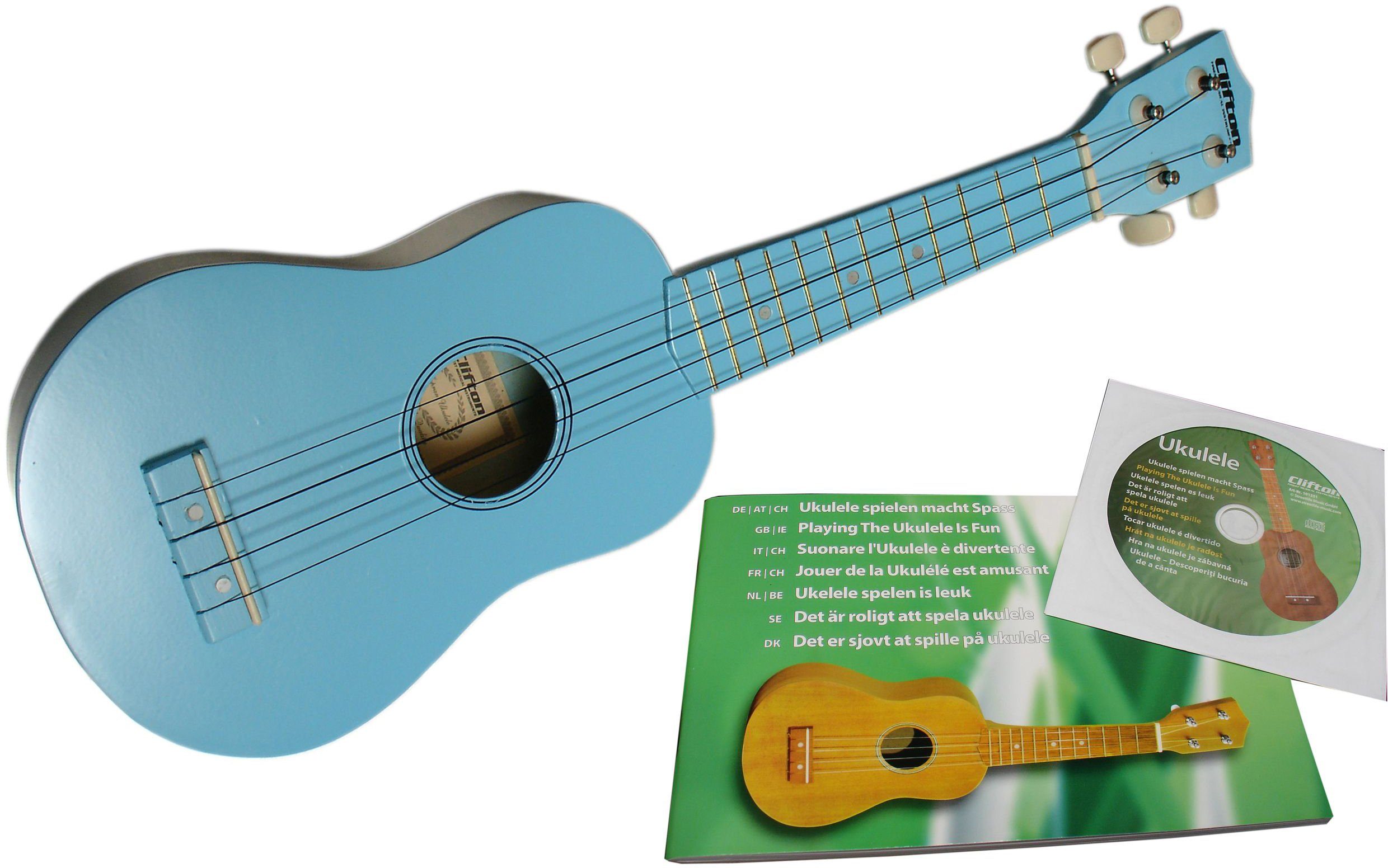 Clifton Ukulele Sopran Ukulele mit Buch und CD, blau