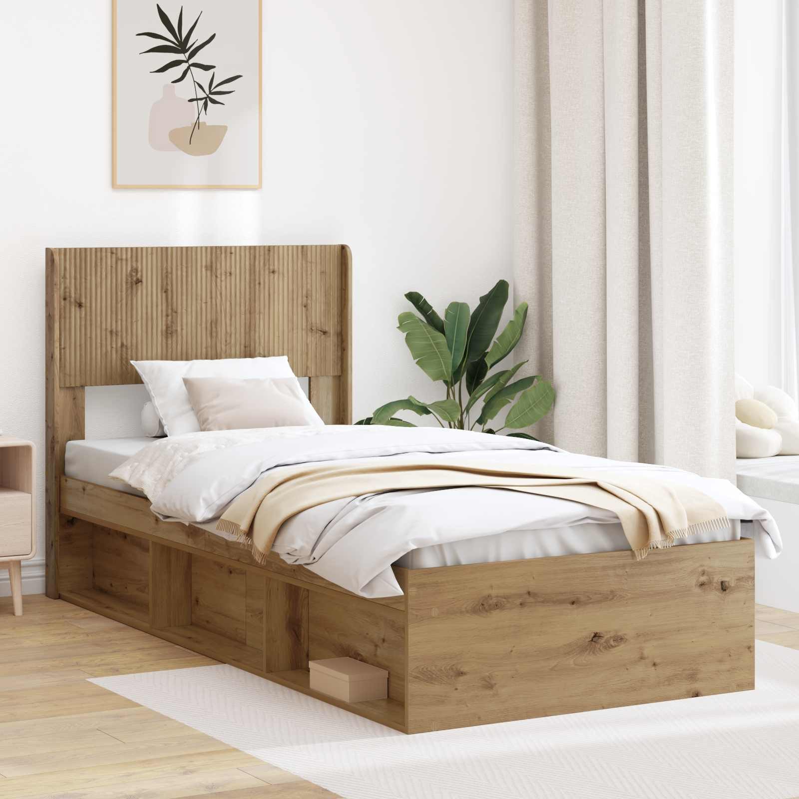 furnicato Bettgestell 193 x 82 x 100 cm Artisan-Eiche Holzwerkstoff mit Stauraum (1-tlg), Integrierte Stauraumfächer für Einzelbett mit Lattenrost-Design
