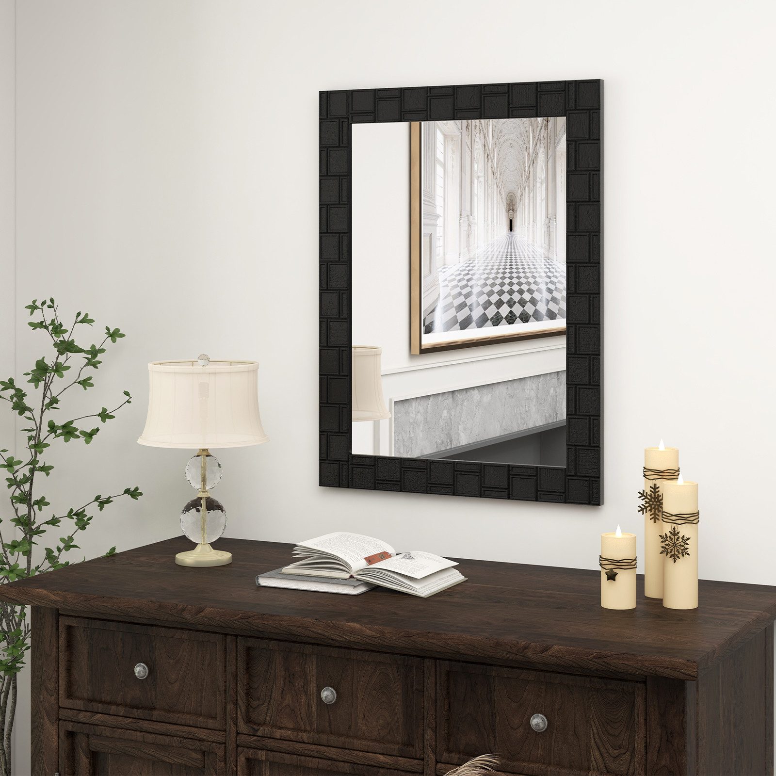 COSTWAY Wandspiegel, 80x60cm, mit Massivholzrahmen, Badspiegel rechteckig