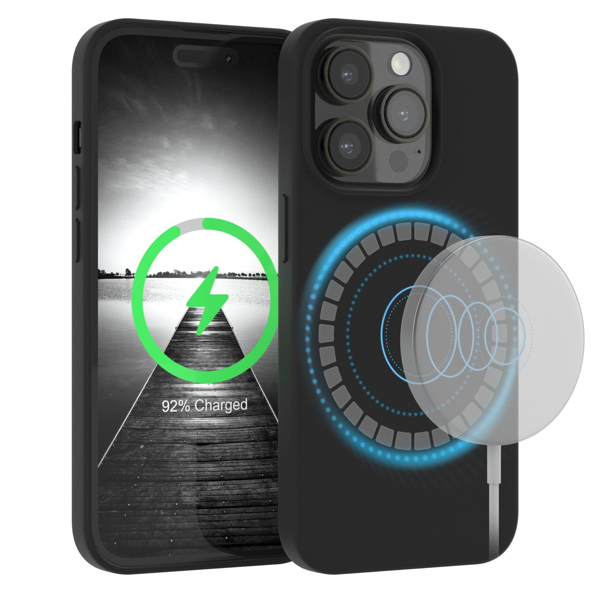 EAZY CASE Handyhülle Silikonhülle mit MagSafe für Apple iPhone 14 Pro 6,1 Zoll, Cover kompatibel mit Qi Magsafe Bumper Silicon Case kratzfest Schwarz