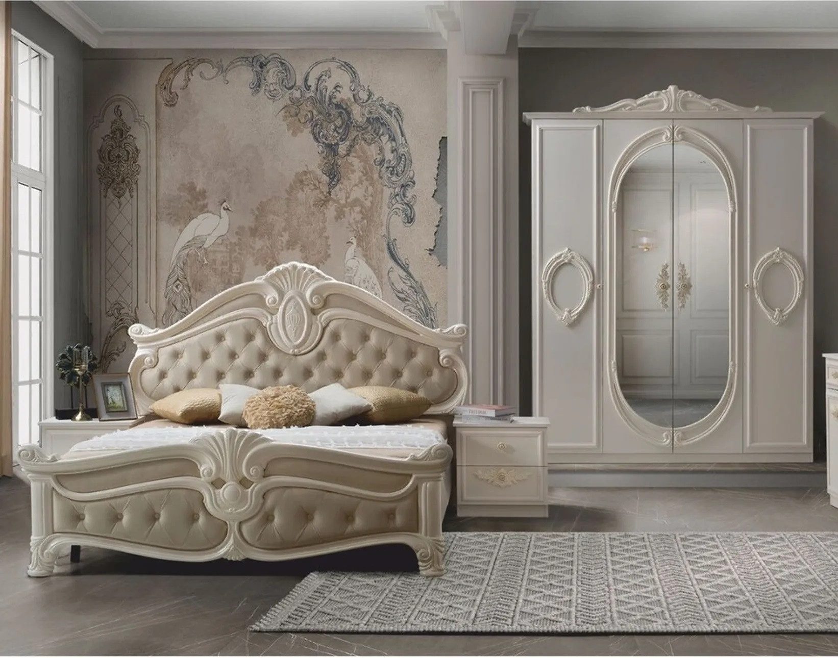 Interdesign24 Schlafzimmer-Set Aurora, (4-teilig, im klassischen Barock Stil, inkl. Bett 160 x 200 cm mit gepolstertem Kopf- und Fußteil), in Cremeweiß/Beige