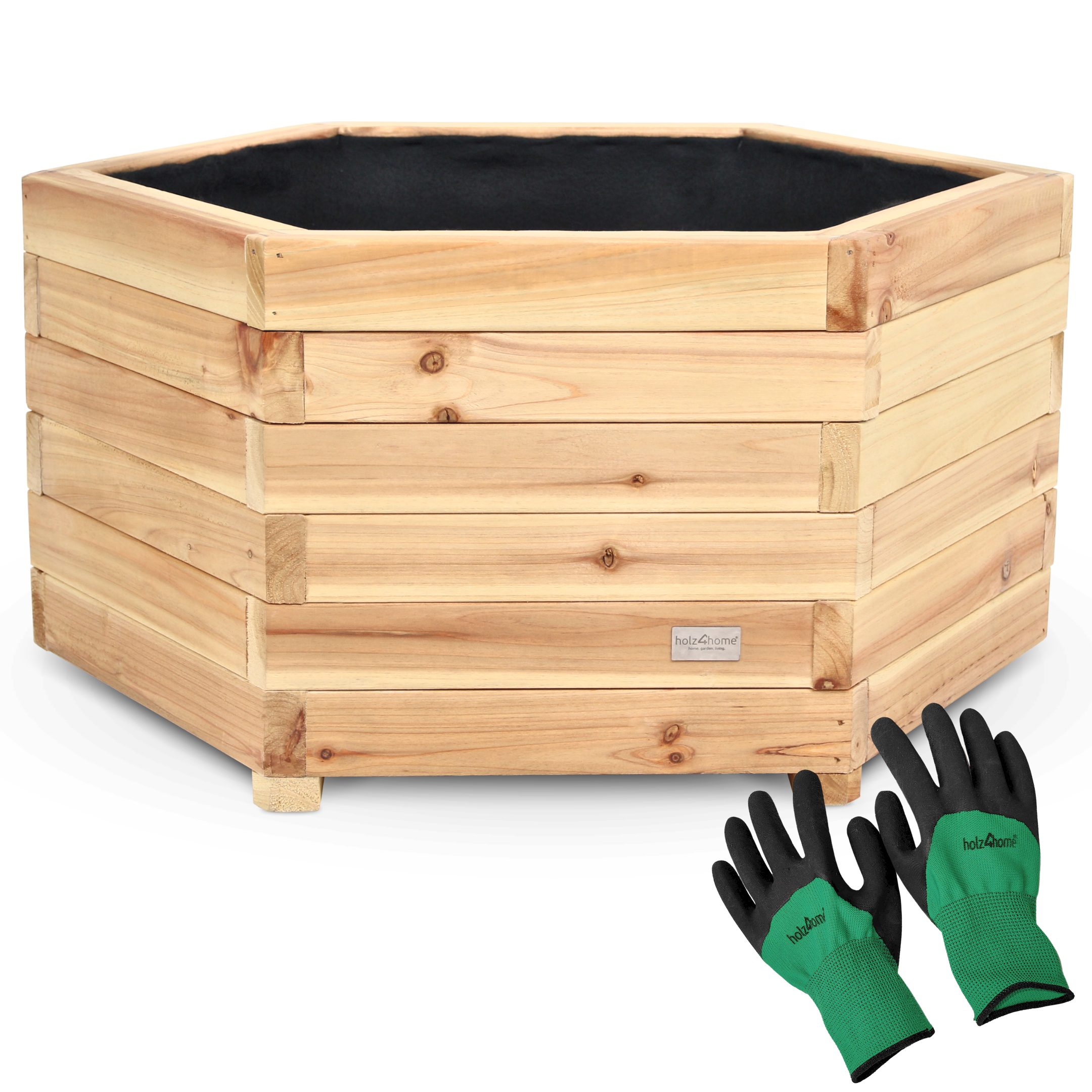 holz4home® Pflanzkübel 6-eckig aus Tannenholz I Outdoor Blumenkübel für Garten Balkon, inkl. Gartenhandschuhe & Vlies