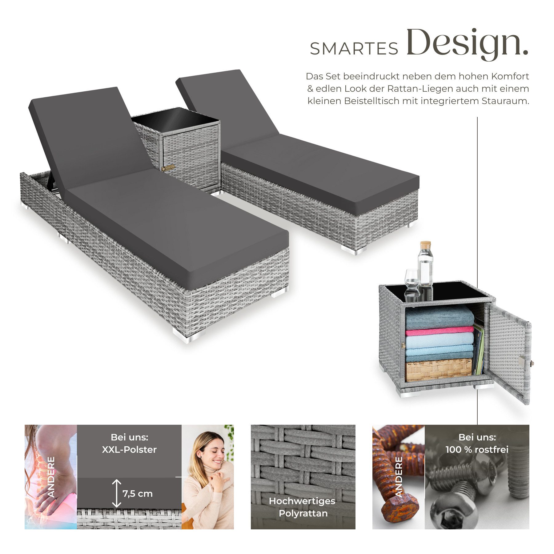 tectake Gartenliege Aluminium Rattan Sonnenliegen, inklusive 2 Bezugssets und, Liegestuhl, 1 St., in hellgrau, wetterfest und UV-beständig, Tisch mit Staufach, Sicherheitsglasplatte