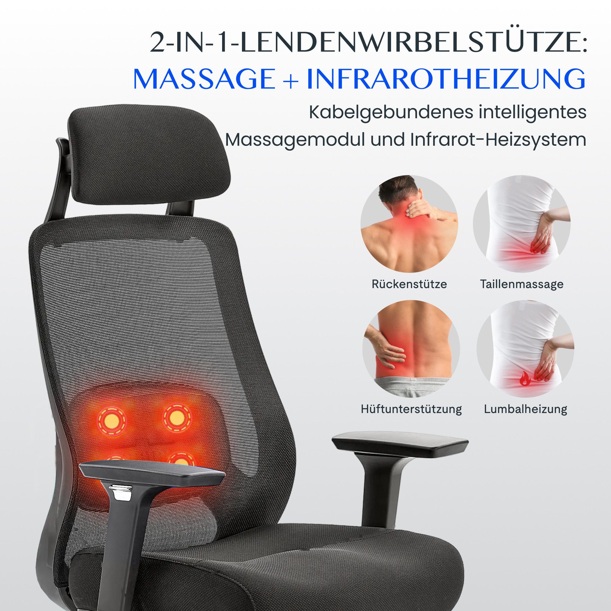 FLEXISPOT Bürostuhl MasterEase Massage Bürostuhl mit Fußstütze (ergonomischer High-Back-Schreibtischstuhl mit 2D-Lendenstütze mit Heiz und Massagefunktion), 4-fach verstellbarer Rückenlehne, Schwarz