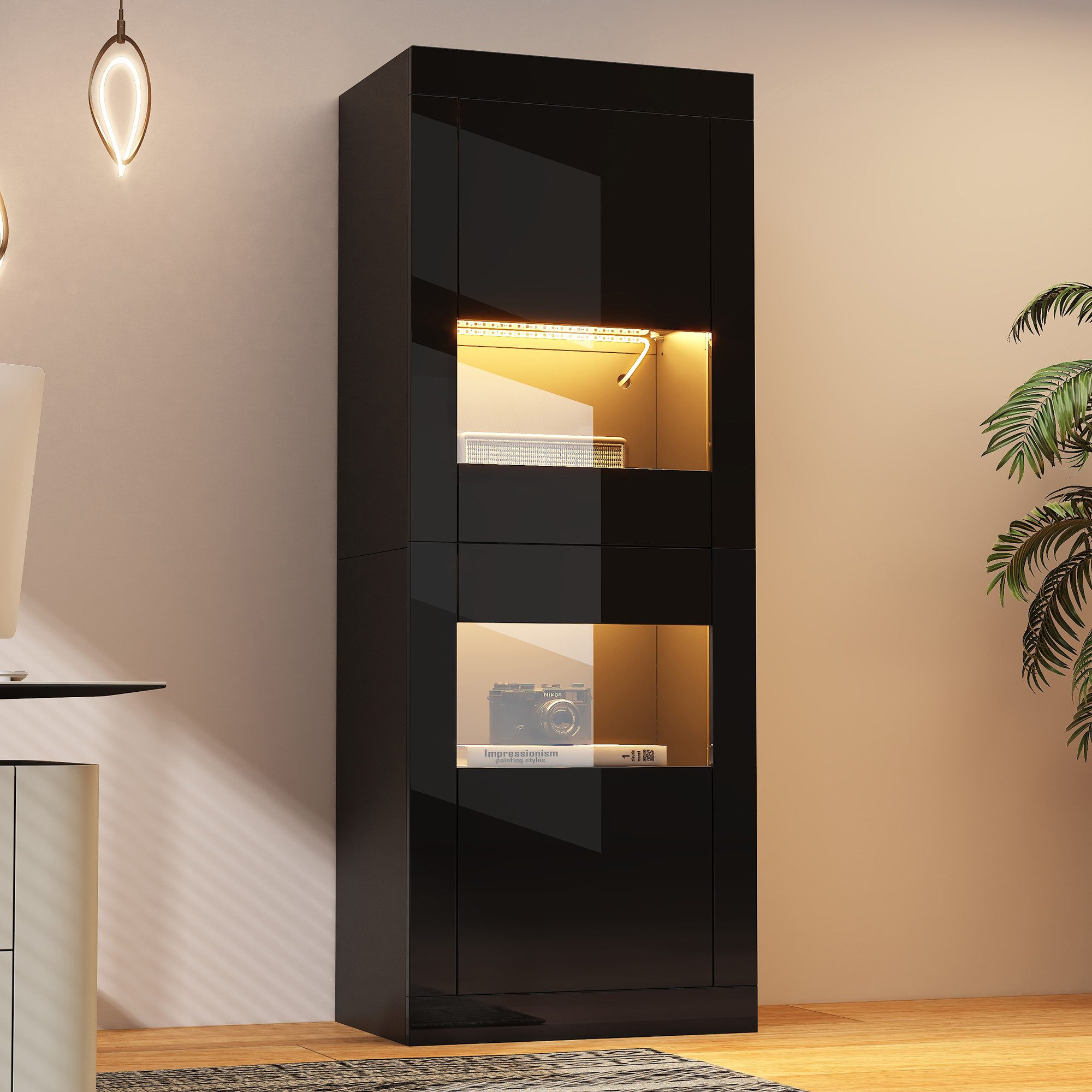 Merax Standvitrine hochglanz Vitrine mit LED-Beleuchtung inkl.Fernbedienung günstig online kaufen