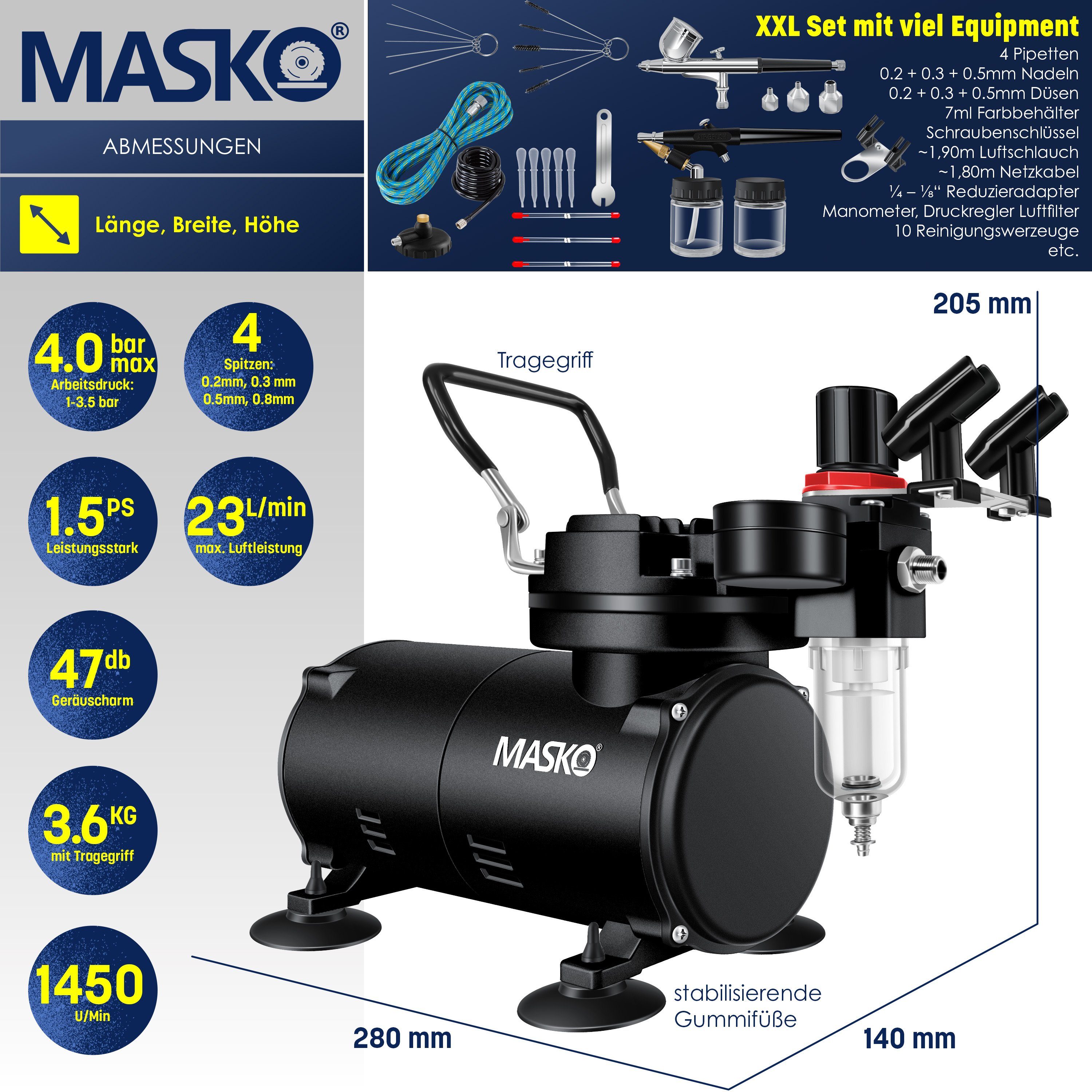 Farbsprühgerät, schwarz MASKO 4 Kompressor bar Airbrush-Set mit Airbrush-Pistolen inkl.