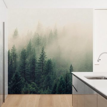 Bilderdepot24 Fototapete Wald Nebel 3D Effekt Modern Natur Landschaft Waldtapete Bäume, Glatt, Matt, (Vliestapete inkl. Kleister oder selbstklebend), Wohnzimmer Schlafzimmer Küche Flur Motivtapete Vliestapete Wandtapete