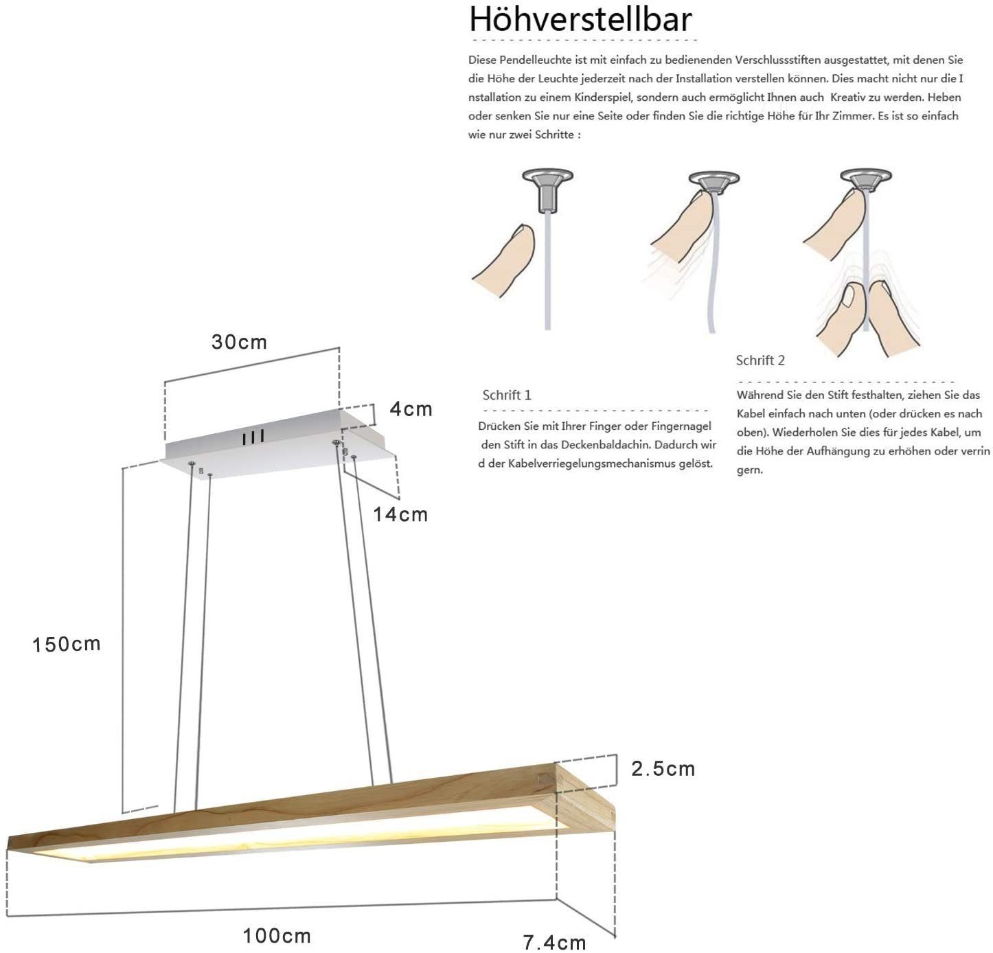 Nettlife Hängeleuchte Pendelleuchte 150CM Massivholz gefertigt, LED fest integriert, Warmweiß Neutralweiß Kaltweiß