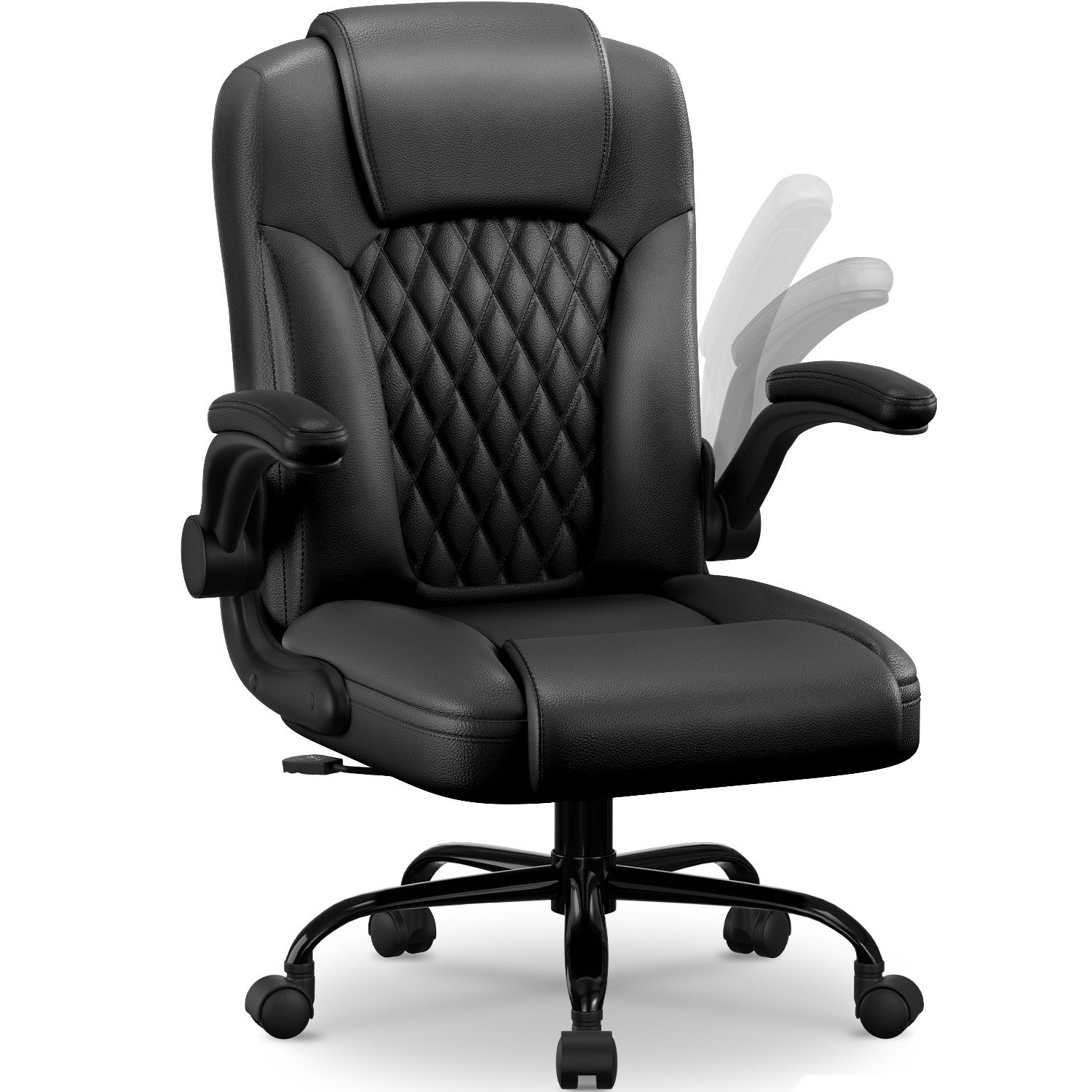 Homimaster Bürostuhl Ergonomisch, Kunstleder Schreibtischstuhl 90° Klappbaren Armlehnen (Schreibtisch Stuhl 90-120° Wippfunktion, Ergonomischer Bürostuhl mit Lendenwirbelstütze), Schreibstuhl Höhenverstellbar, 150kg Belastbar