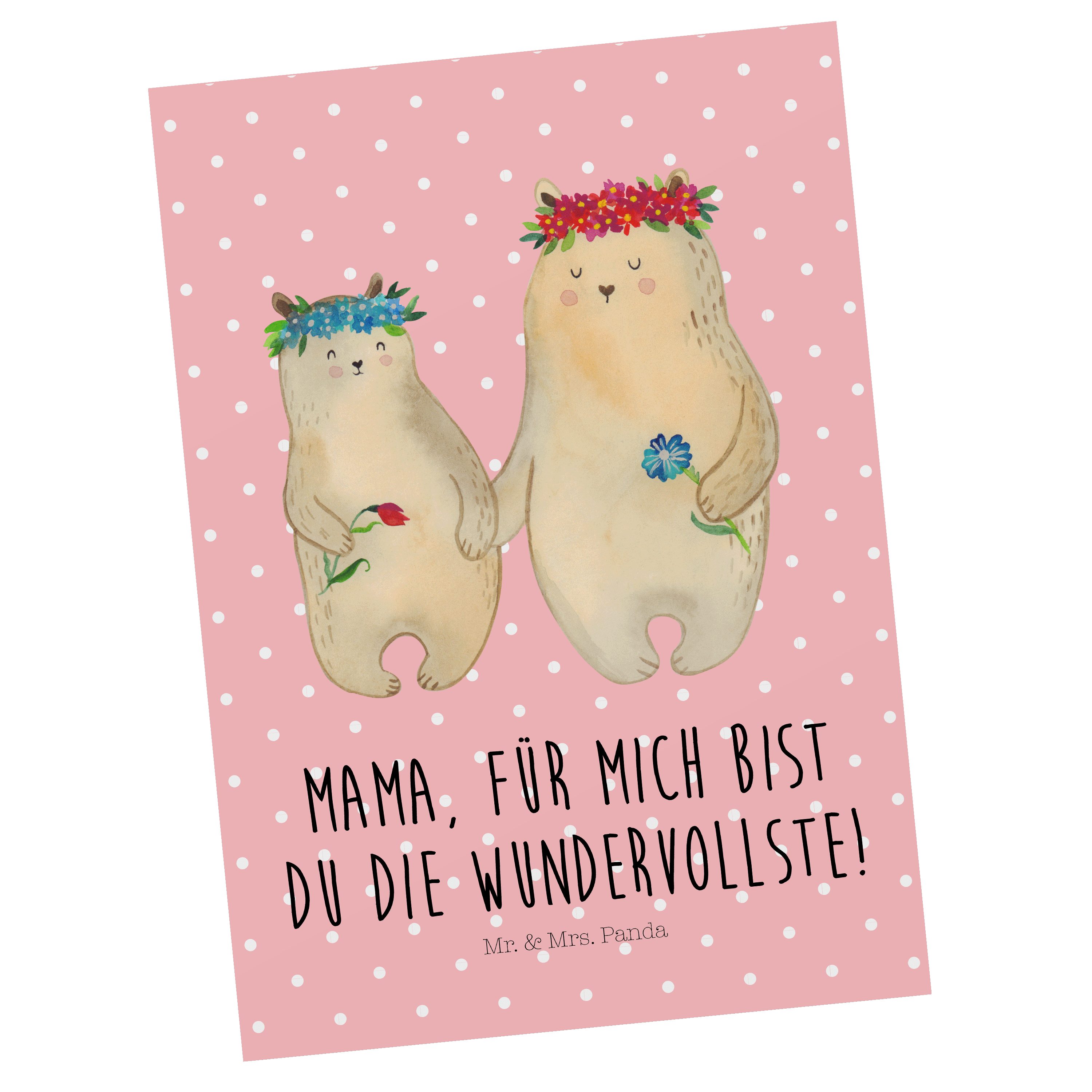 Mr. & Mrs. Panda Postkarte Bären mit Blumenkranz - Rot Pastell - Geschenk, Mami, Geschenkkarte | Grußkarten