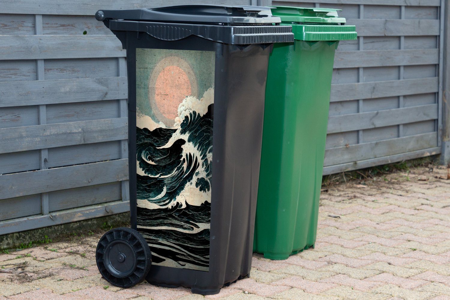 - - St), Mülltonne, Sticker, Abfalbehälter Wandsticker Sonne Jahrgang (1 Meer Container, Wellen Mülleimer-aufkleber, MuchoWow -