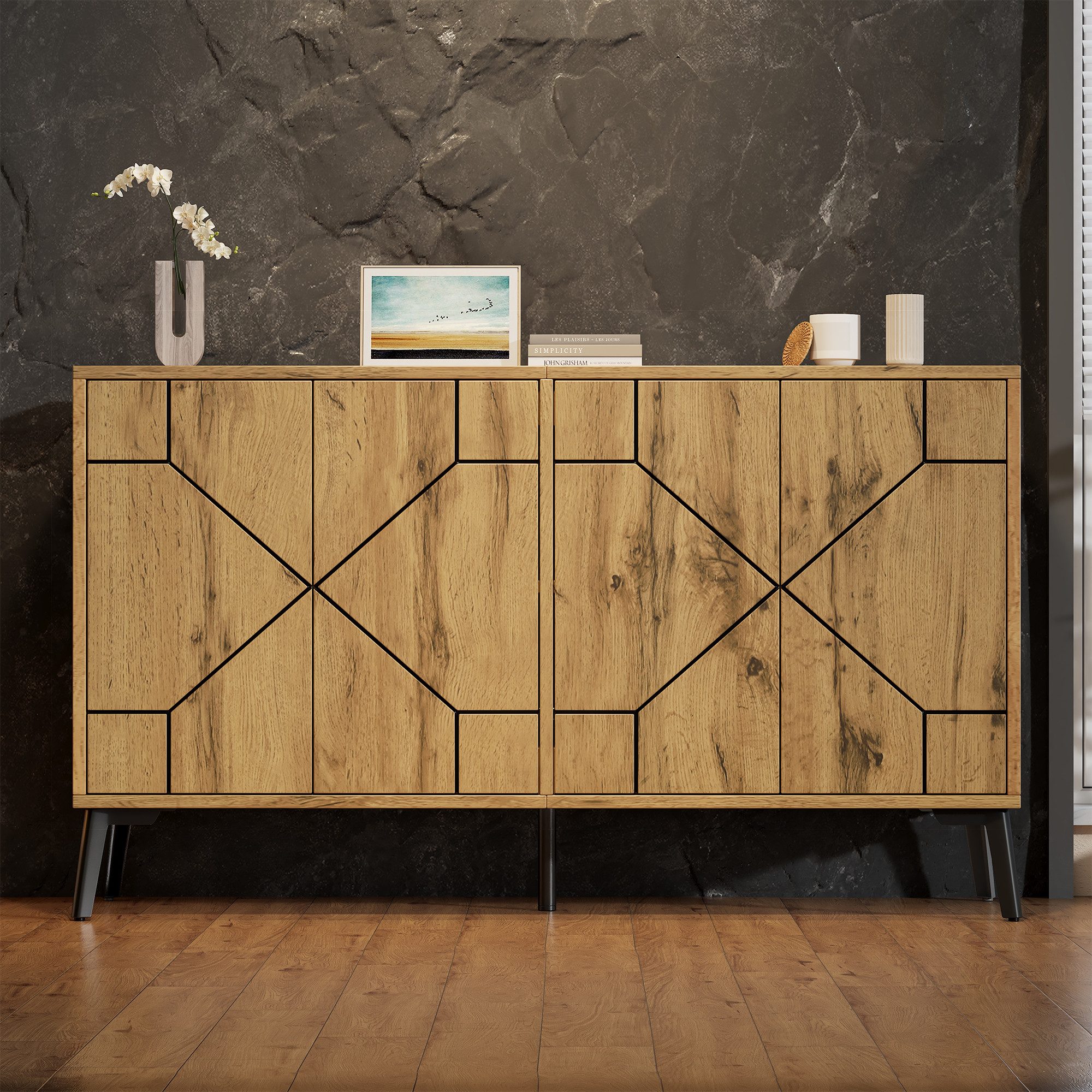Merax Sideboard mit 4 Türen und großem Stauraum, Kommode mit Push-to-Open Mechanismus (120x35x69cm, 1 St), Aufbewahrungsschrank mit Wellenmuster, Küchenschrank  – Bild 3 von 5
