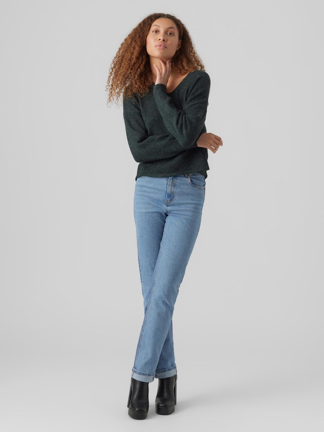 V-Ausschnitt Strickpullover Pullover in Sweater Grün Vero Langarm Moda 4852 VMDOFFY Feinstrick