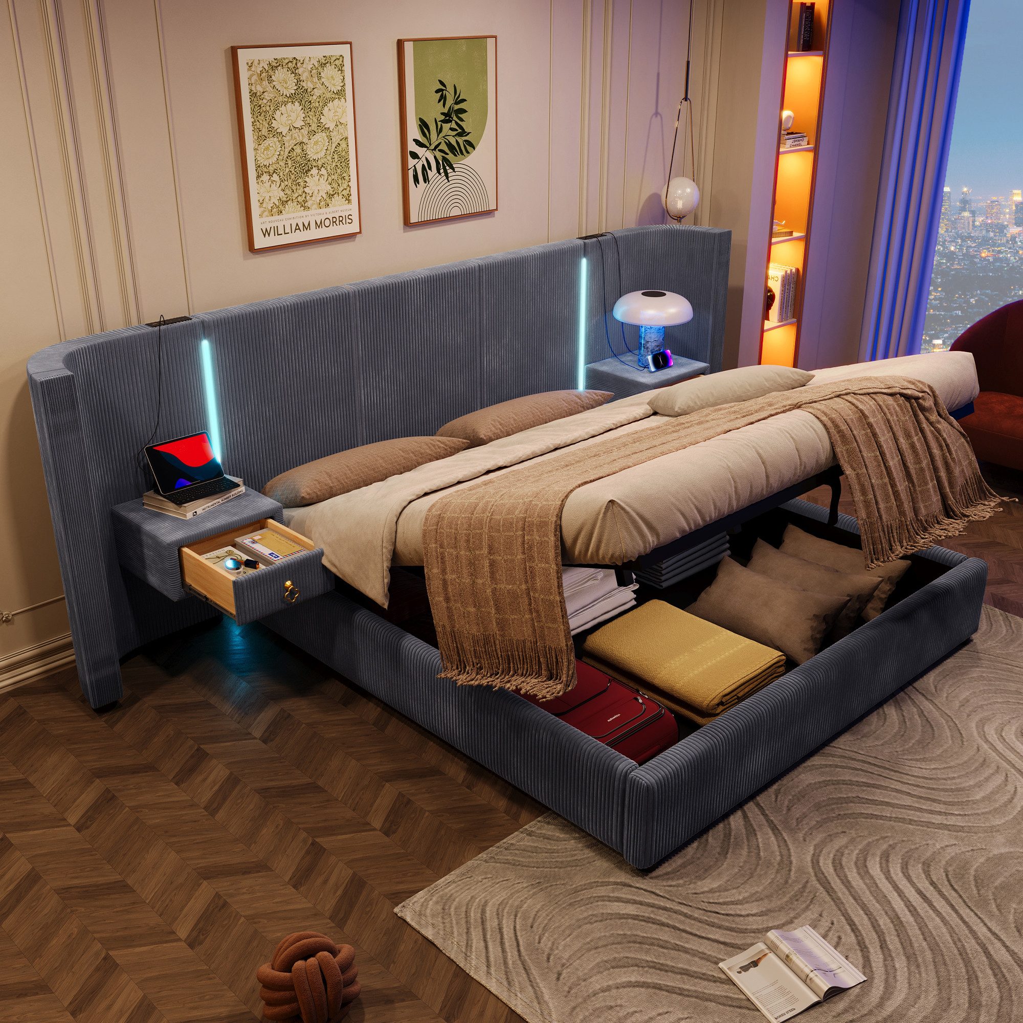 Flieks Polsterbett, Hydraulisches Stauraumbett 180x200cm mit Led, 2 Nachtti günstig online kaufen