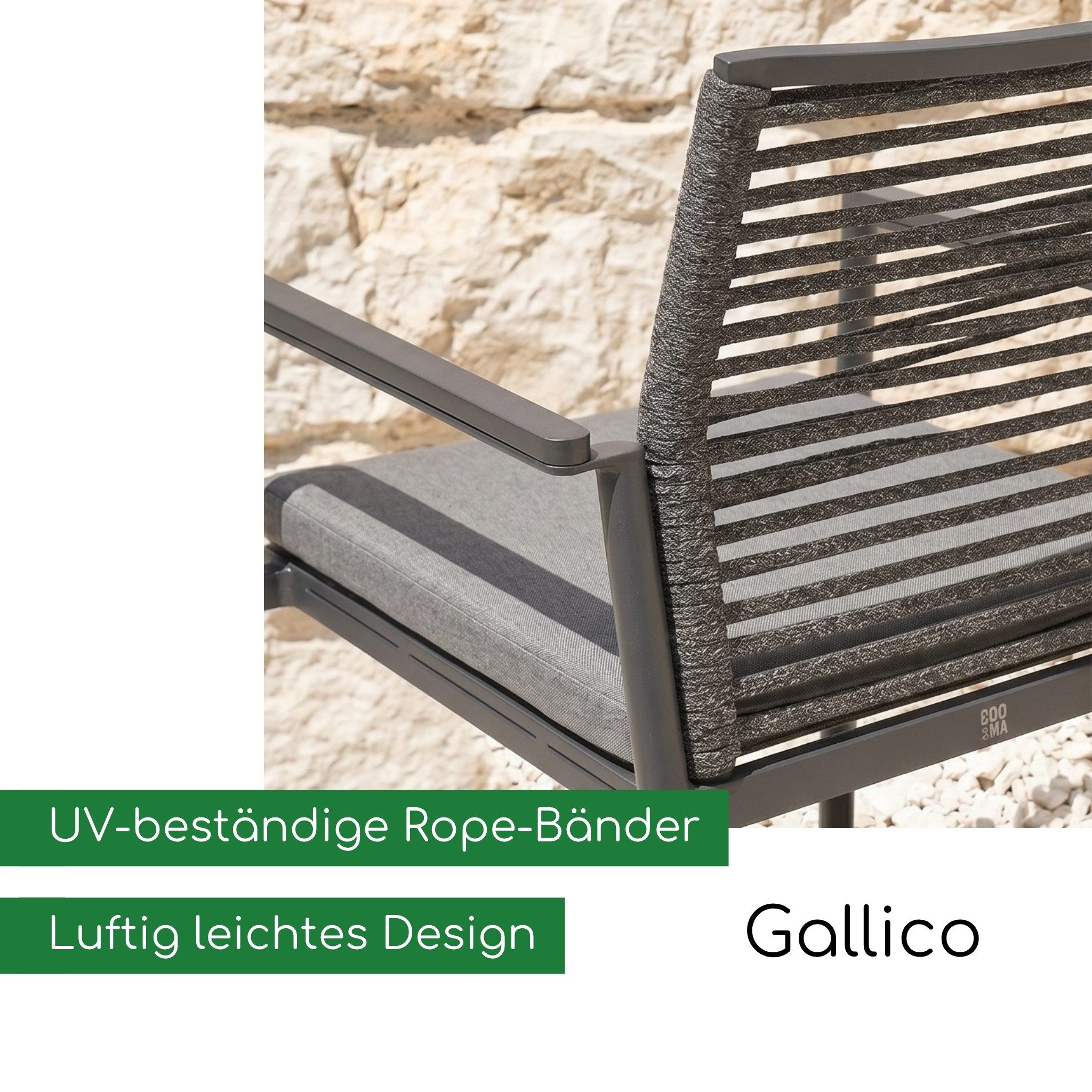 CASA DOMA Gartenstuhl Gallico, Outdoorstuhl, Stapelstuhl, Rope-Gartensessel (inkl. Sitzkissen), Armlehnen mit Aluminium-Auflage, Sitzfläche Textilgewebe
