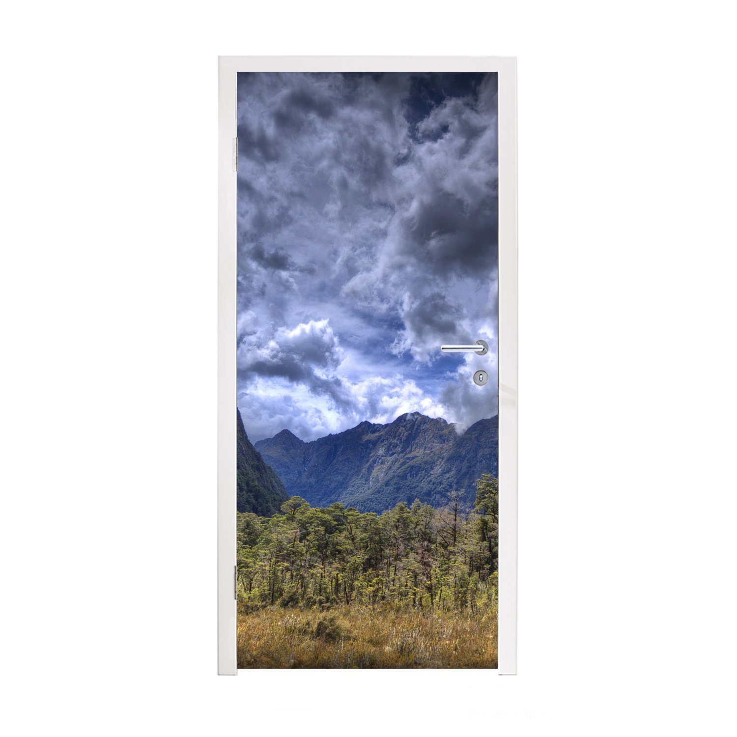 MuchoWow Türtapete Dunkle Wolken über den Bergen in Neuseeland, Matt, bedruckt, (1 St), Fototapete für Tür, Türaufkleber, 75x205 cm
