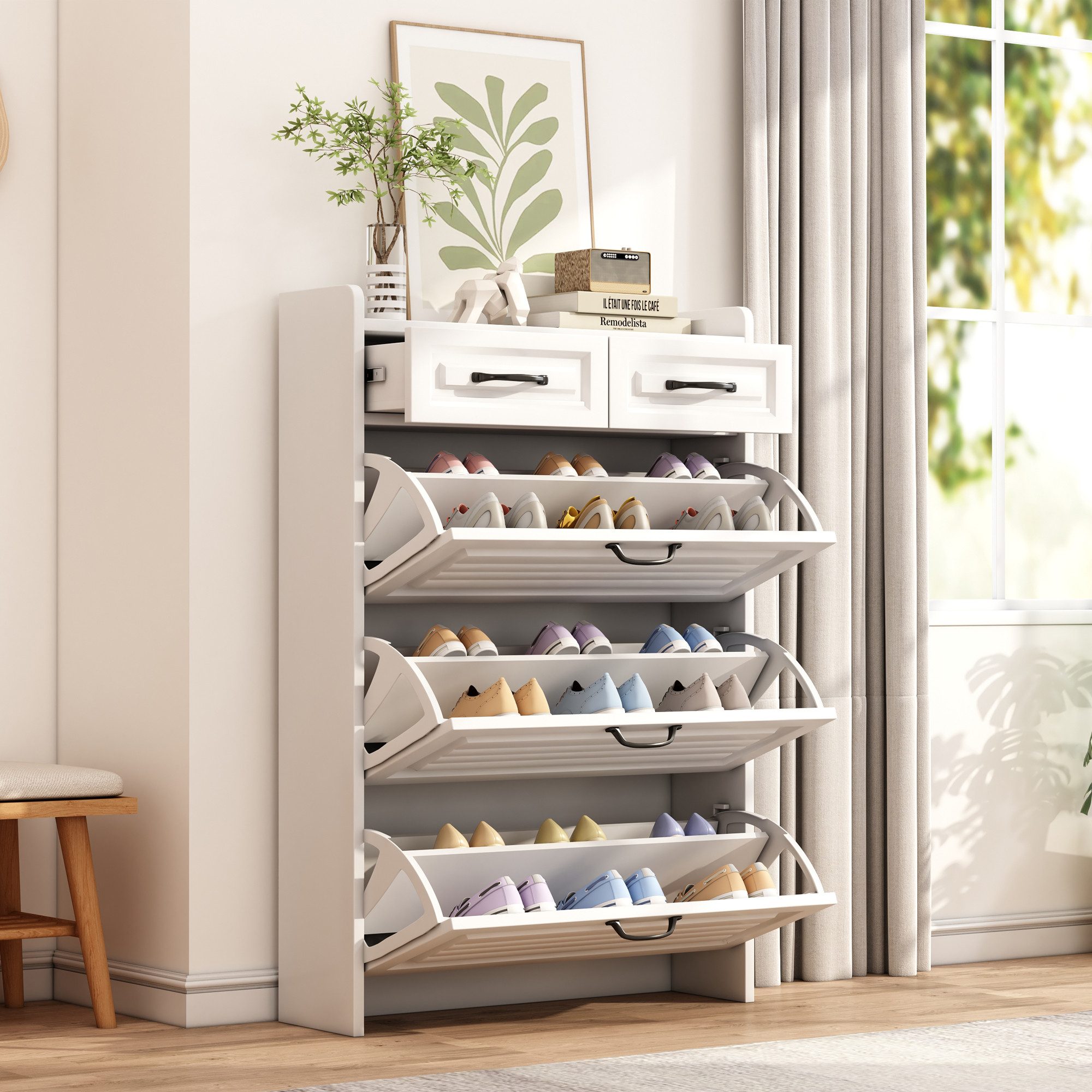 KLAM HOME Schuhkommode Schuhkommode mit drehbarem Schuhschrank, B80/T23.5/H125 cm, Schuhschrank mit 3 großen Klappen und 2 Schubladen