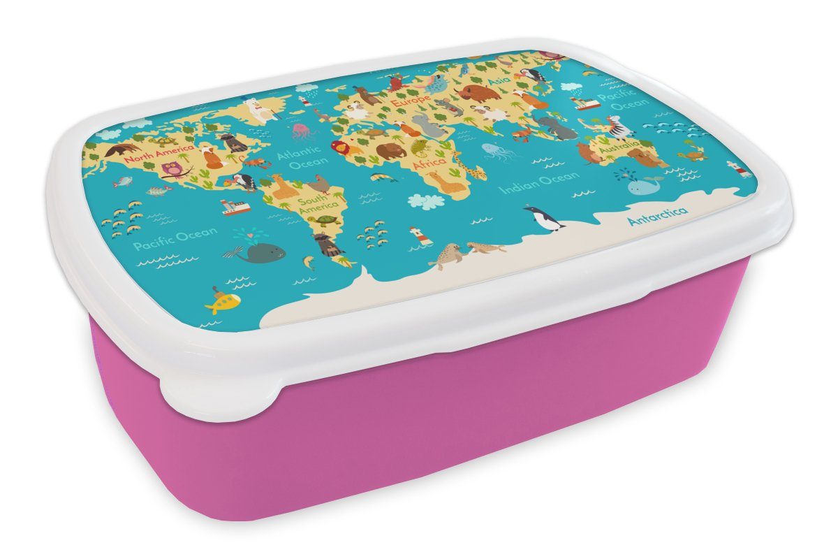 MuchoWow Lunchbox Weltkarte - Kinder - Tiere - Gelb - Blau - Jungen - Mädchen, Kunststoff, (2-tlg), Brotbox für Erwachsene, Brotdose Kinder, Snackbox, Mädchen, Kunststoff rosa