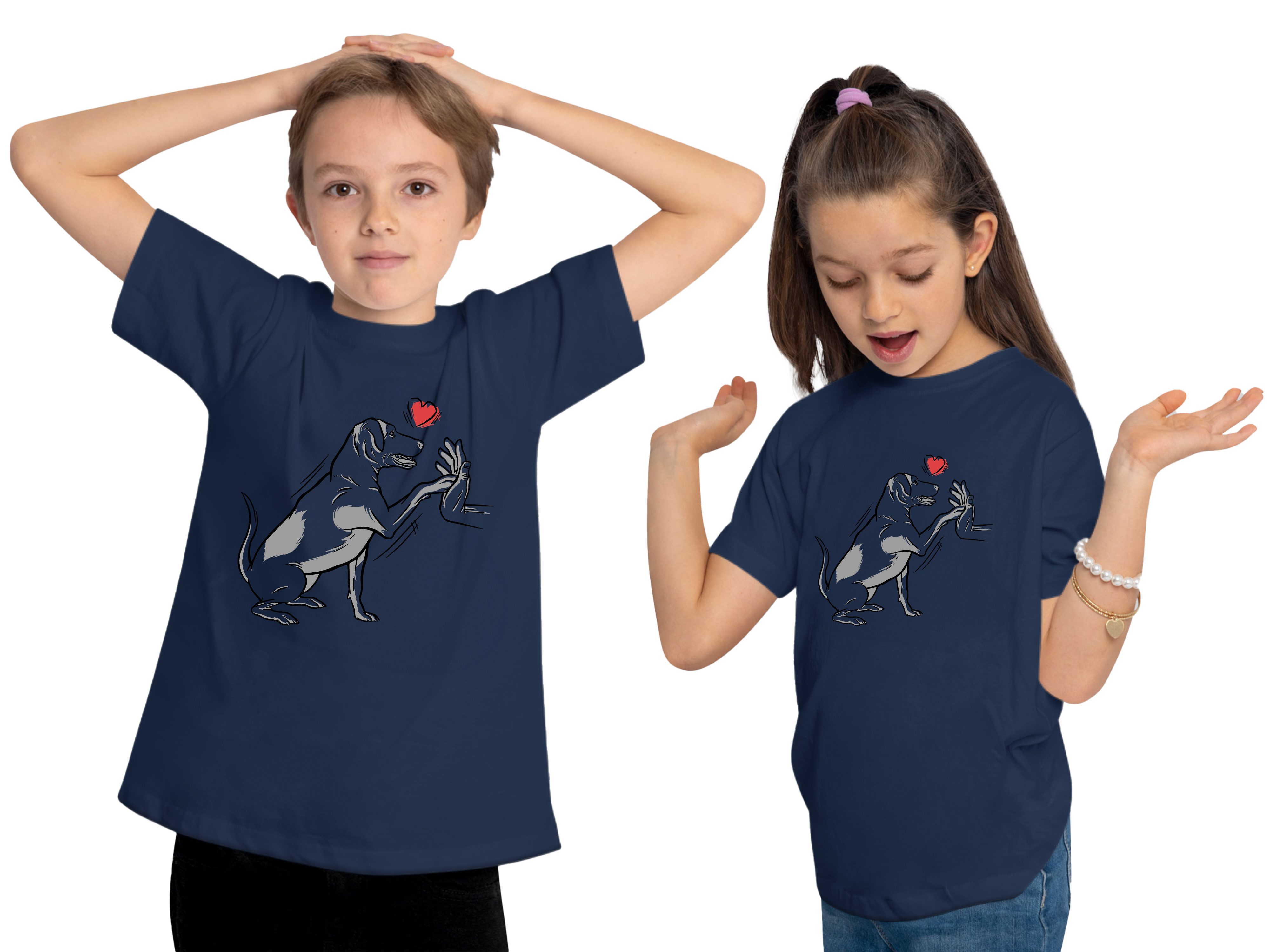 mit Labrador bedruckt T-Shirt navy Baumwollshirt Hunde Pfötchen Kinder MyDesign24 gibt Aufdruck, - blau Print-Shirt i234