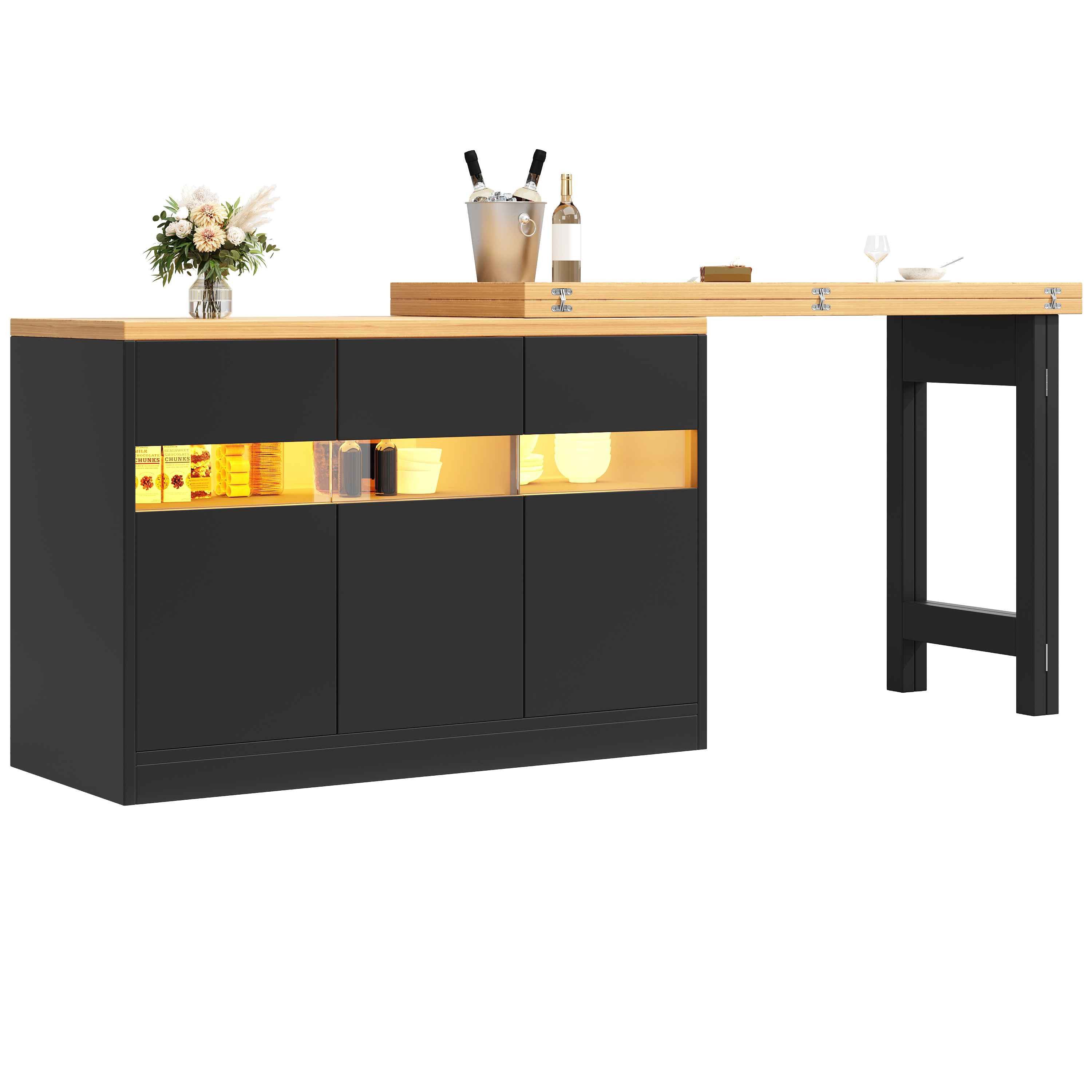 BBWL Bartisch Ausziehbarer, mit LED-Beleuchtung, 120–180 cm, 360° drehbar, mit Stauraum und Glastüren, für Küche, Esszimmer und Wohnzimmer