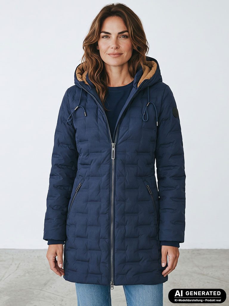 BLUE FLAME Steppmantel Damen Stepp-Mantel mit Futter - Wintermantel gesteppt Steppjacke Down-Touch-Wattierung, Chintzfutter, 2-Wege-Reißverschluss, Kapuze