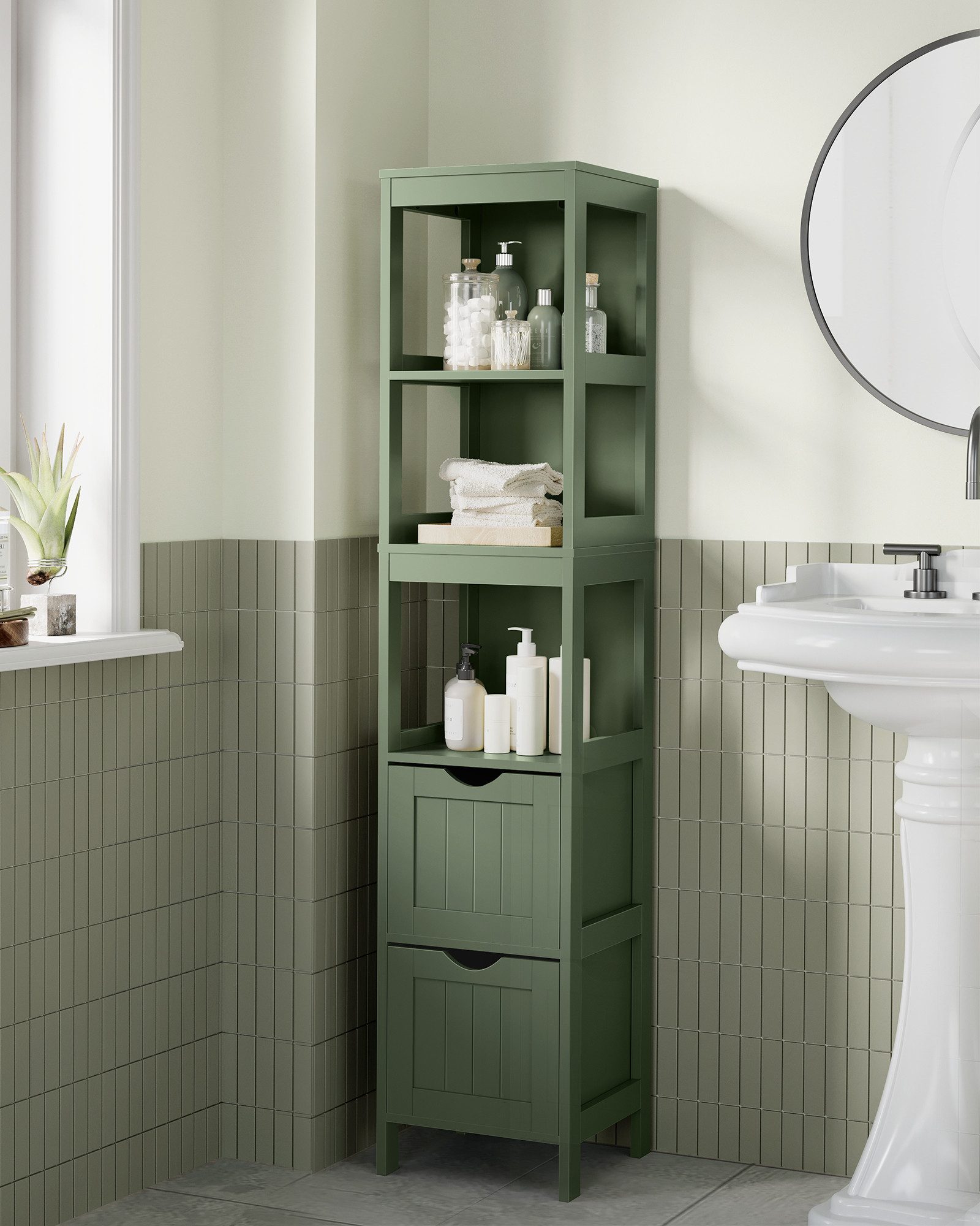 VASAGLE Badkommode Hochschrank Badezimmerschrank, 2 Schubladen, 30 x 30 x 141,5 cm, für Badezimmer, Wohnzimmer, freistehend, modern – Bild 3 von 5