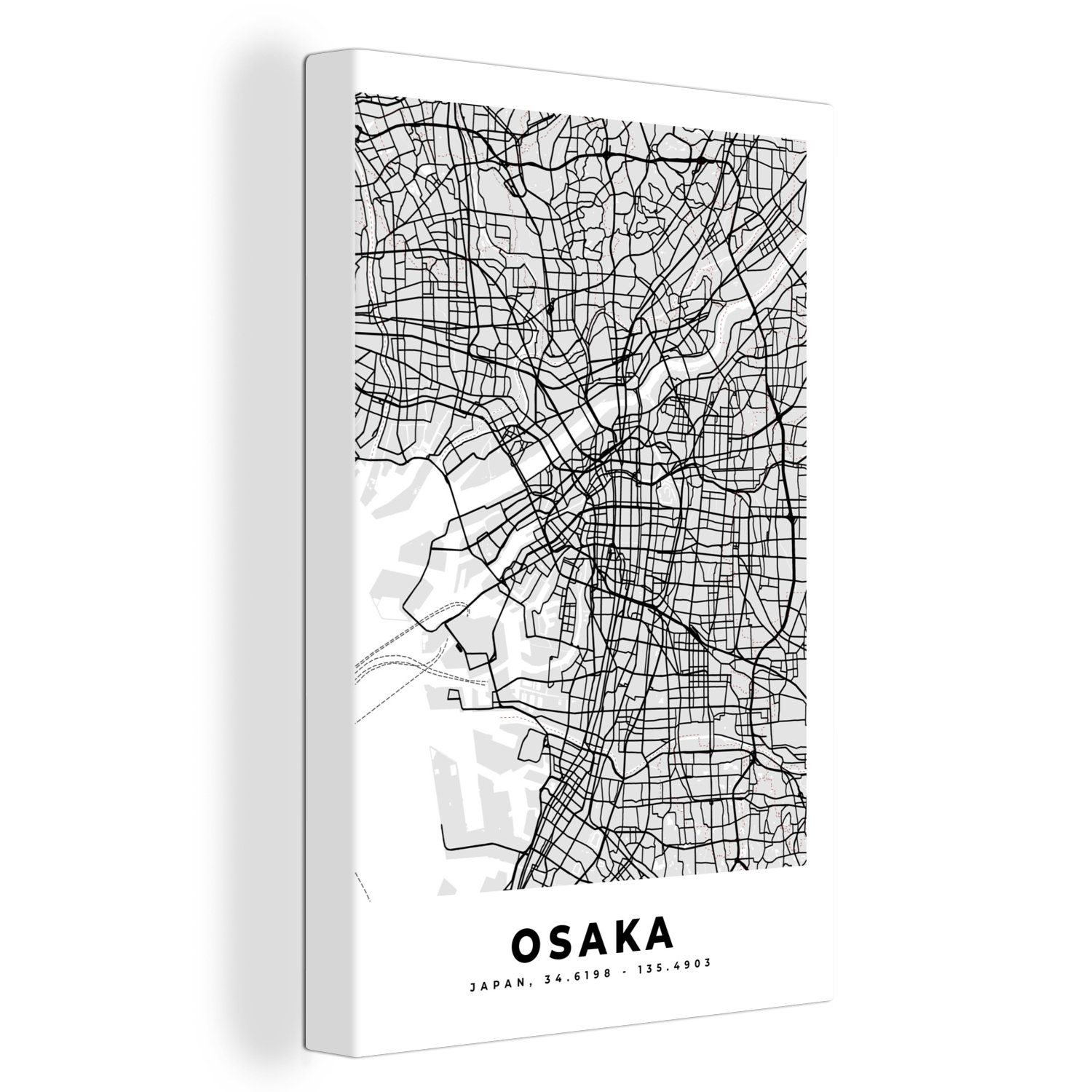 OneMillionCanvasses® Leinwandbild Osaka - Stadtplan - Schwarz und weiß - Karte, (1 St), Leinwandbild fertig bespannt inkl. Zackenaufhänger, Gemälde, 20x30 cm