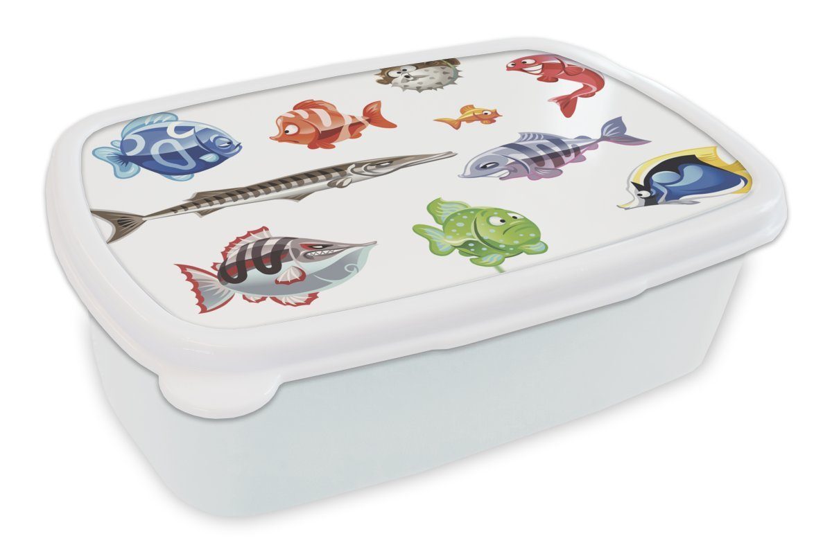 MuchoWow Lunchbox Eine Illustration von zehn animierten Fischen, Kunststoff, (2-tlg), Brotbox für Kinder und Erwachsene, Brotdose, für Jungs und Mädchen weiß