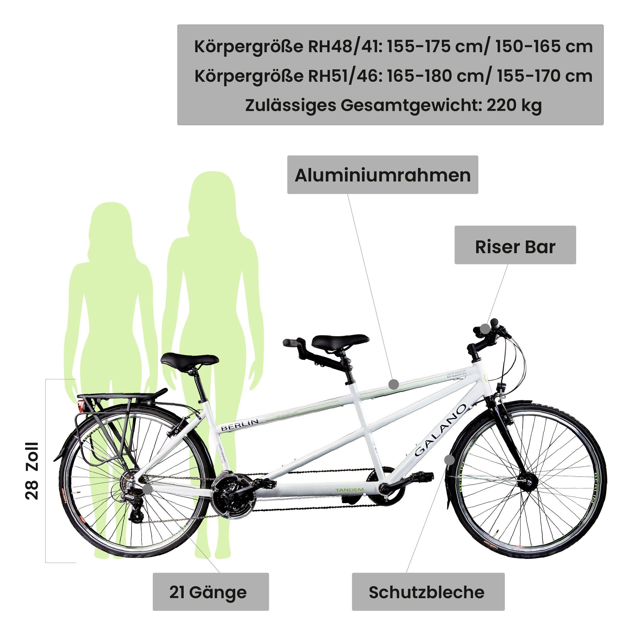 Tandem 21 28 700c Kettenschaltung, Bike Touring Berlin, Trekkingrad Cityrad weiß Fahrrad Gänge Tandem Galano 21 Zoll Gang,