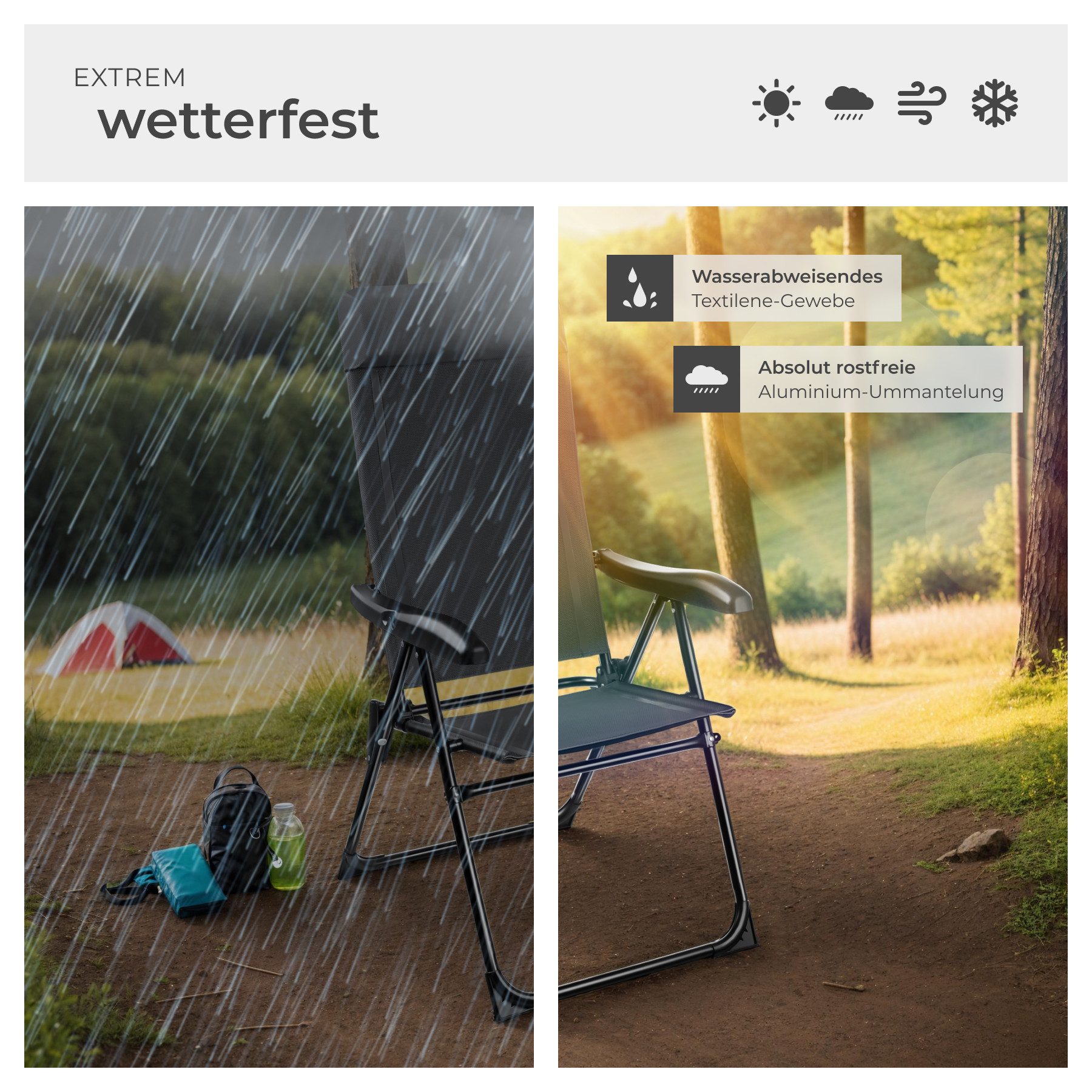 tectake Campingstuhl Müritz (Set., 2 St), Robuste Stahlgestelle ummantelt mit rostfreiem Aluminium