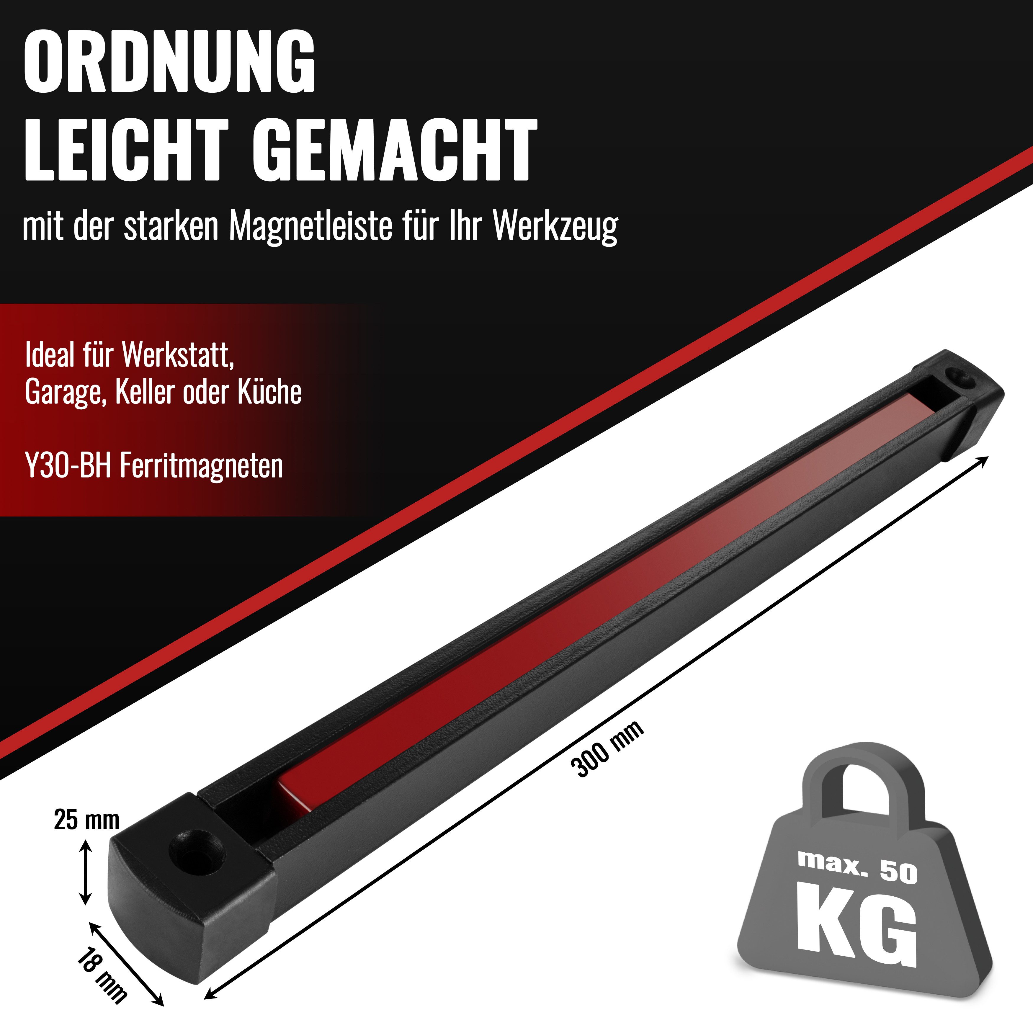 Poppstar Magnet-Werkzeugleiste Werkzeughalter magnetisch mit Bohrlöchern, zur Werkzeugaufbewahrung, robuste Stahl-Magnetschiene mit Ferritmagnet, 30cm lang