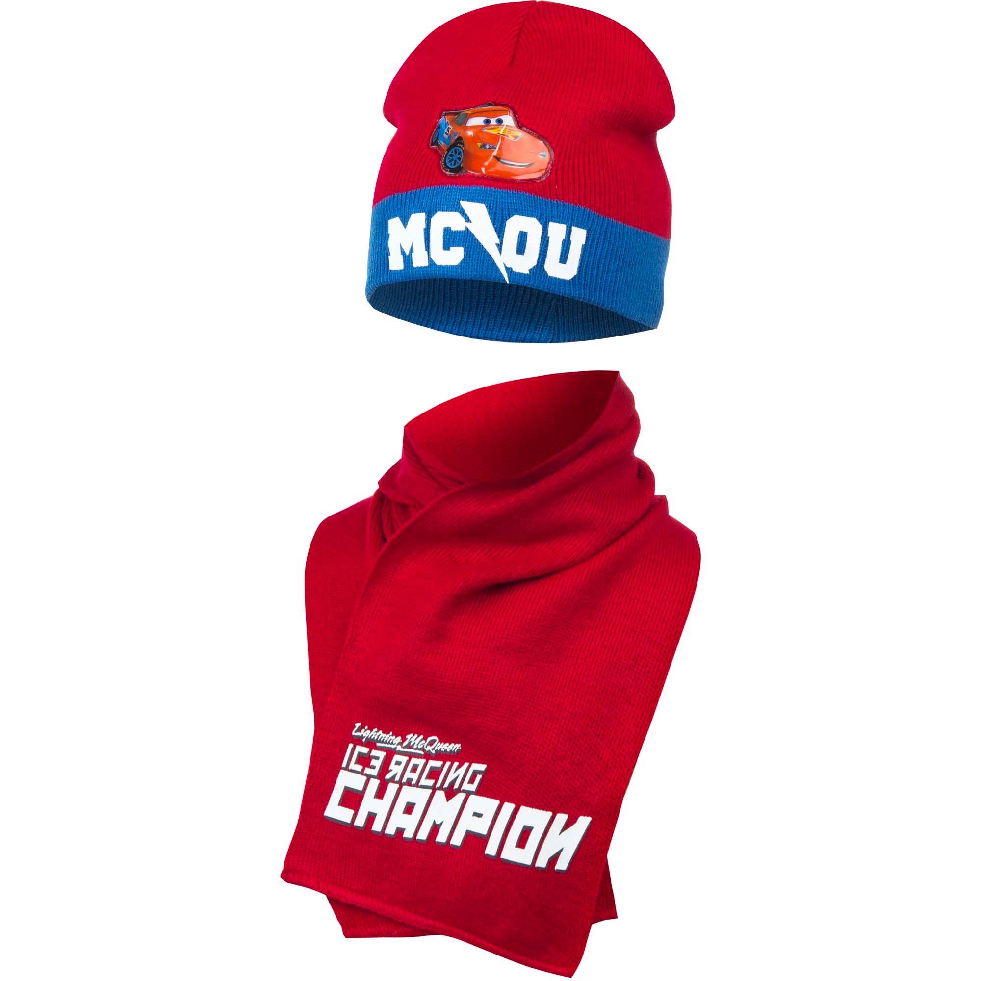 Disney Cars Schlupfmütze Disney Cars Lighning McQueen Kinder Winter Set Mütze plus Schal (Spar-Set) Gr. 52 bis 54, Blau oder Rot