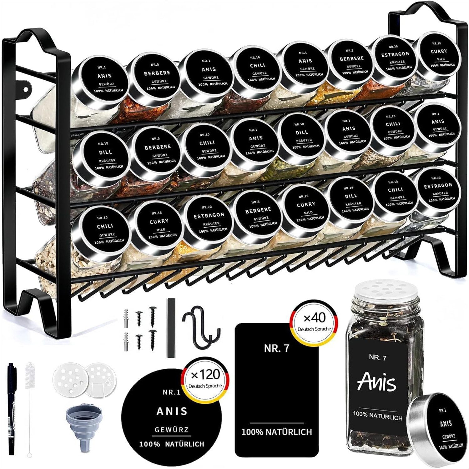 KingLux Gewürzregal 3 lagiger Metall Gewürzregal Stehend Wand mit 24 Gewürzgläser 120ml, 1-tlg.