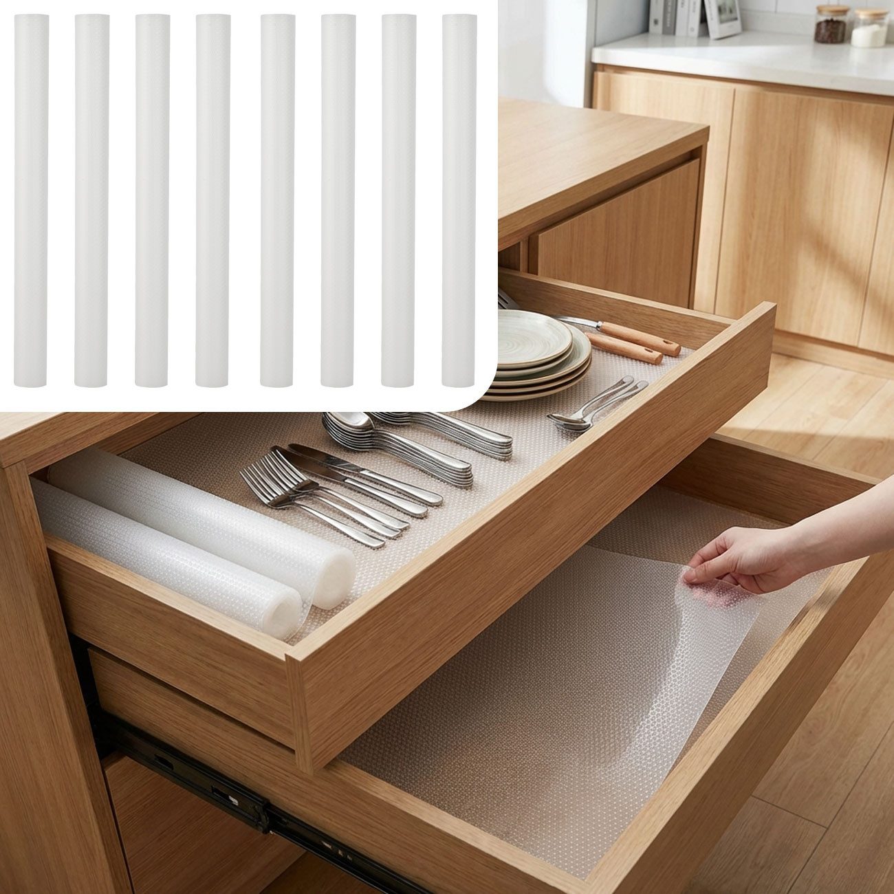 shop'n smile ideoon Schubladenmatte Antirutschmatte 50x150cm Einlegematte für Schublade Zuschneidbar (8 St), 4/8 Antirutschmatten, BPA-frei, lebensmittelecht, 50×150cm