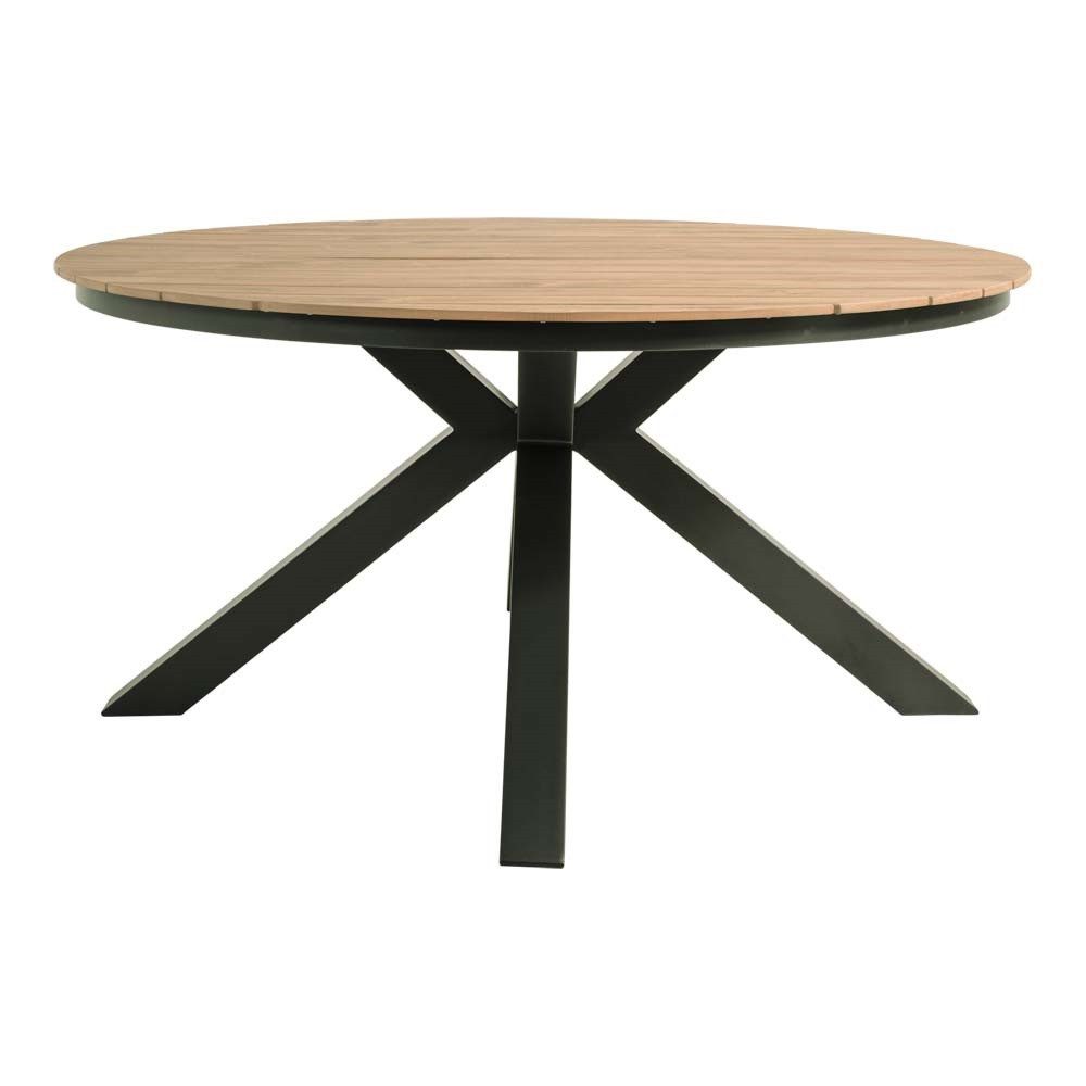 Lesli Living Garten-Essgruppe "Arrezo" Rund Ø120cm + 6 oder 4 Geflecht-Stühlen, Teakholz, Aluminium, (5-tlg), Sitzkissen, Geflochten, Scandi / Skandi - Boho, Gartenmöbel-Set, Rope