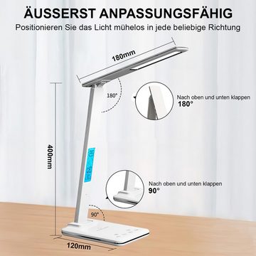 DOPWii LED Tischleuchte klappbare Schreibtischlampe mit Wecker, Temperatur und, Kalenderfunktionen, geeignet für Büros, Schlafzimmer und Arbeitszimmer