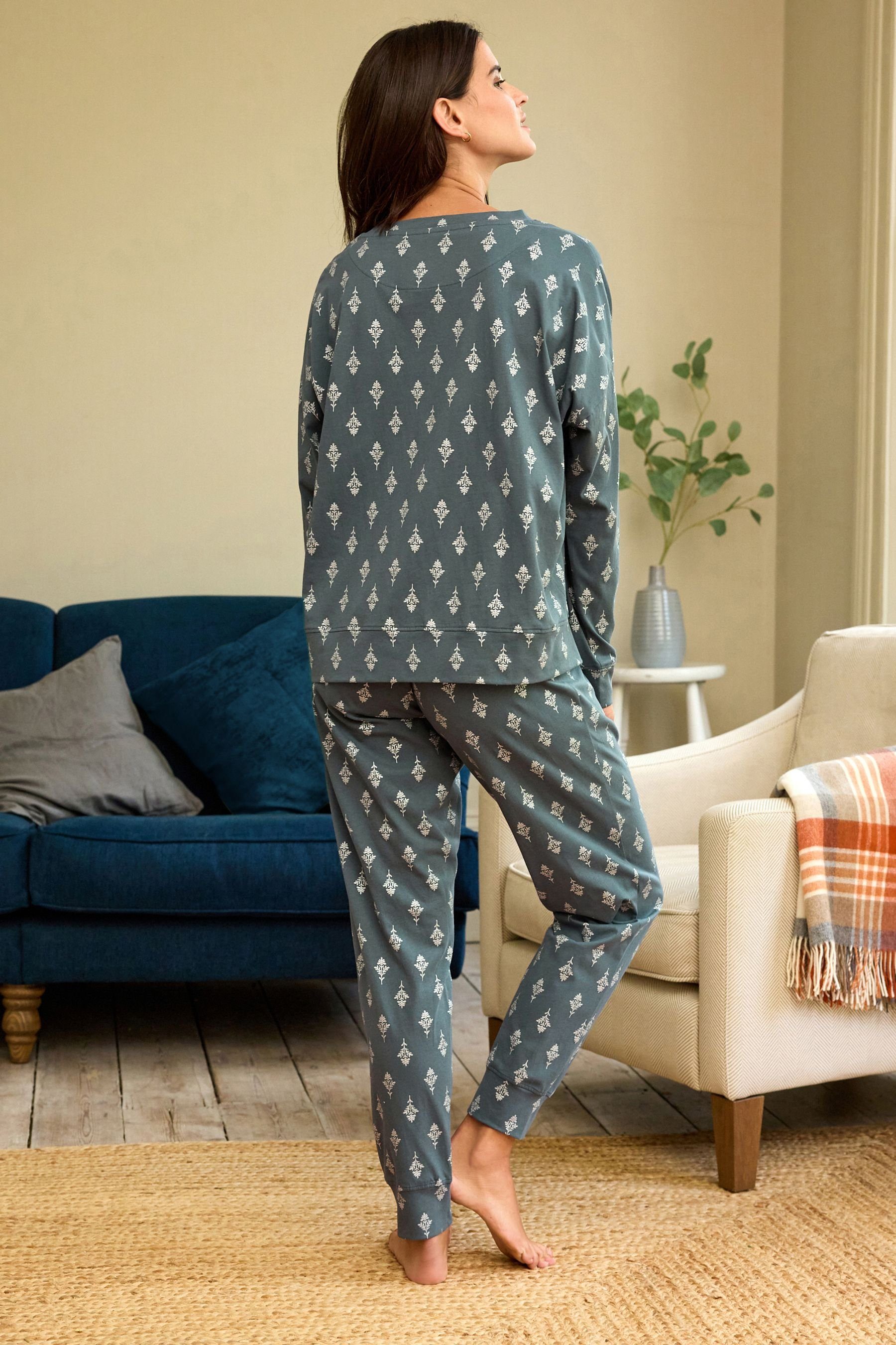 tlg) aus (2 Pyjama Pyjama Blue Langärmeliger Next Foil Leaves Baumwolle