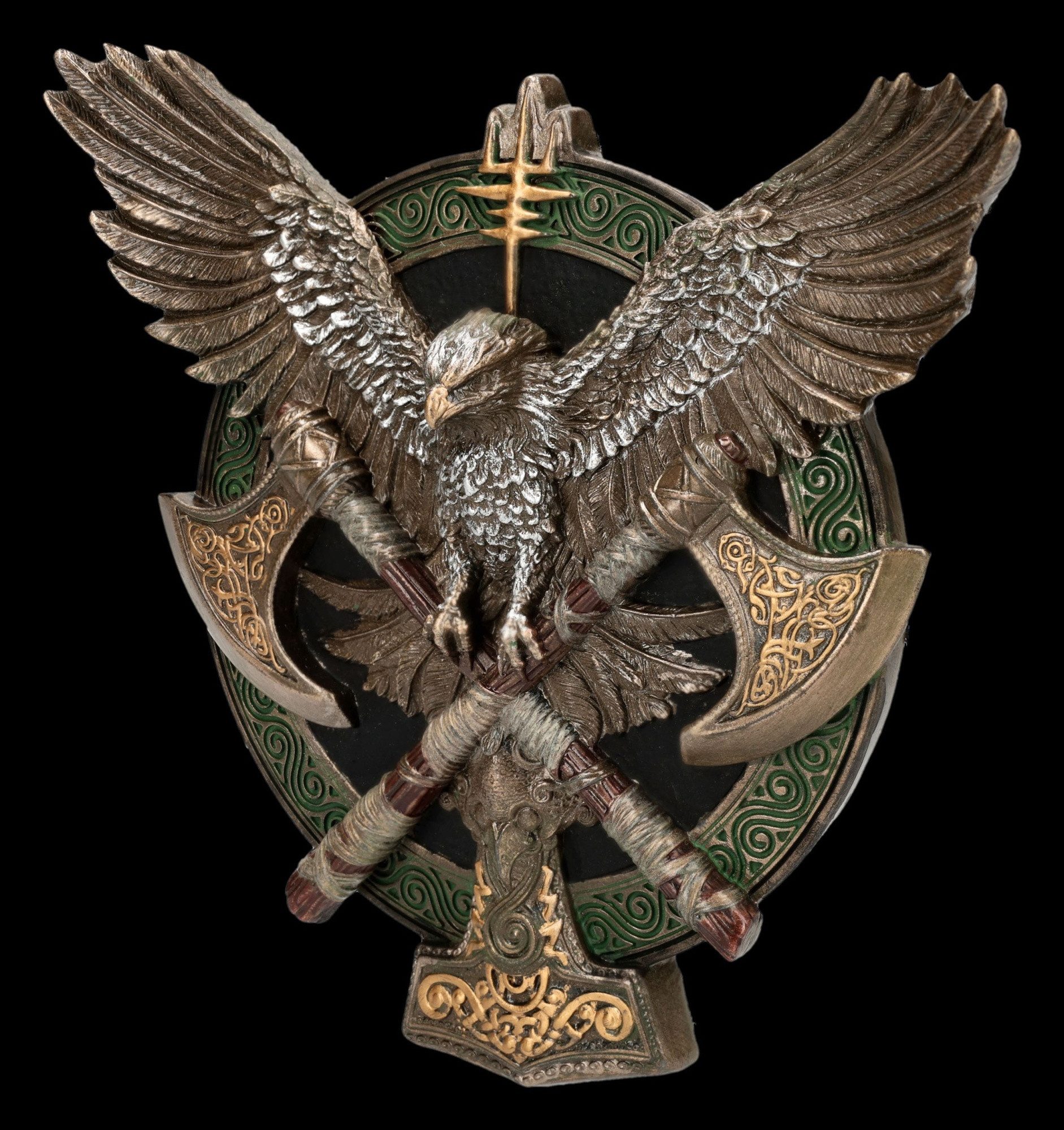 Figuren Shop GmbH Wanddekoobjekt Wikinger Relief Flügel von Walhall – Rabe Äxte Wanddeko 11 cm Deko