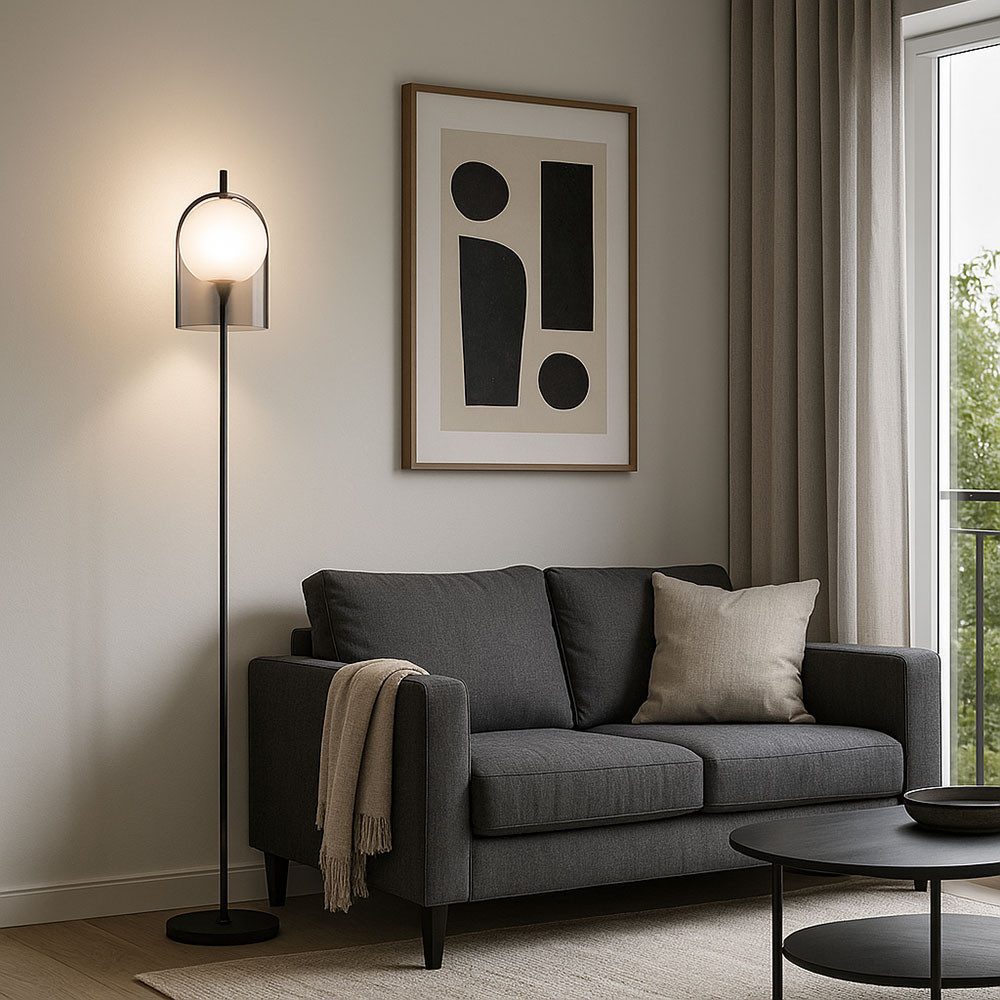 WOFI Stehlampe, Leuchtmittel nicht inklusive, Stehleuchte schwarz Standlampe Glas Stehlampe Wohnzimmer, Metall