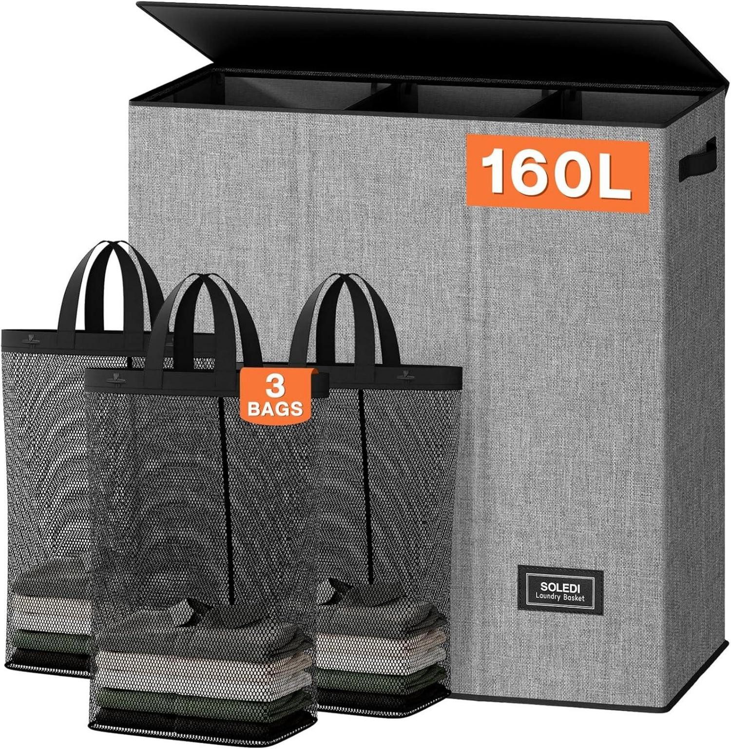 Wäschesortierer XXL Wäschekorb mit Deckel & Wäschesack 160L, 3 Fächer - Grau