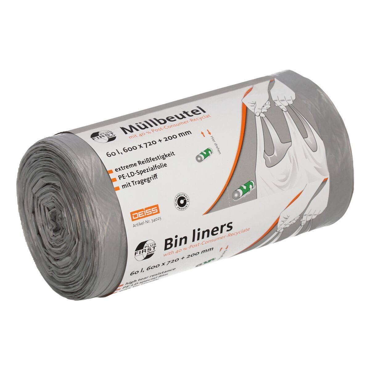 Deiss Müllbeutel FIRST PLUS pcr ®, extrem reißfest / mit Tragegriffen, 60 Liter, 50 Stück/Rolle, grau