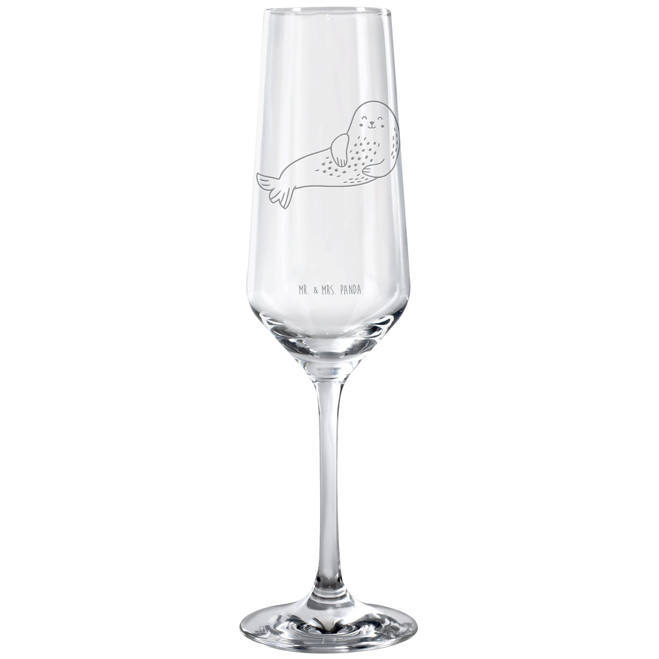 Mr. & Mrs. Panda Sektglas Robbe Lachen, Sektglas, Transparent, dekorglas, Champagnerglas, Tiere, 1-tlg., Premium Glas