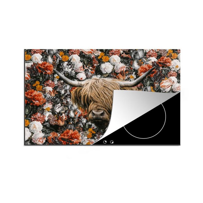 MuchoWow Herdblende-/Abdeckplatte Schottischer Highlander - Blumen - Schwarz - Weiß Vinyl (1 tlg) induktionskochfeld Schutz für die küche Ceranfeldabdeckung
