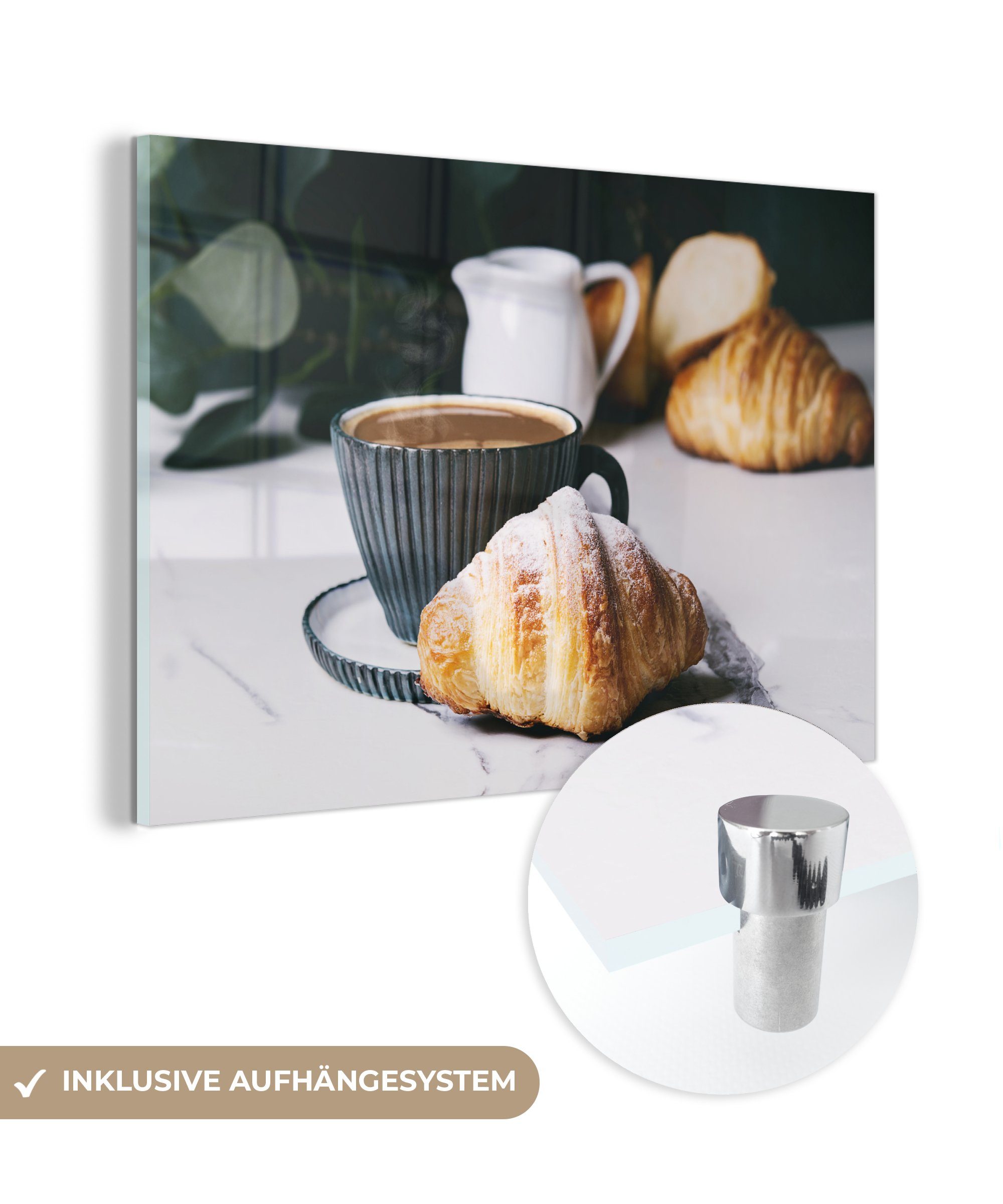 MuchoWow Acrylglasbild Croissant mit einer Tasse Kaffee, (1 St), Acrylglasbilder Wohnzimmer & Schlafzimmer
